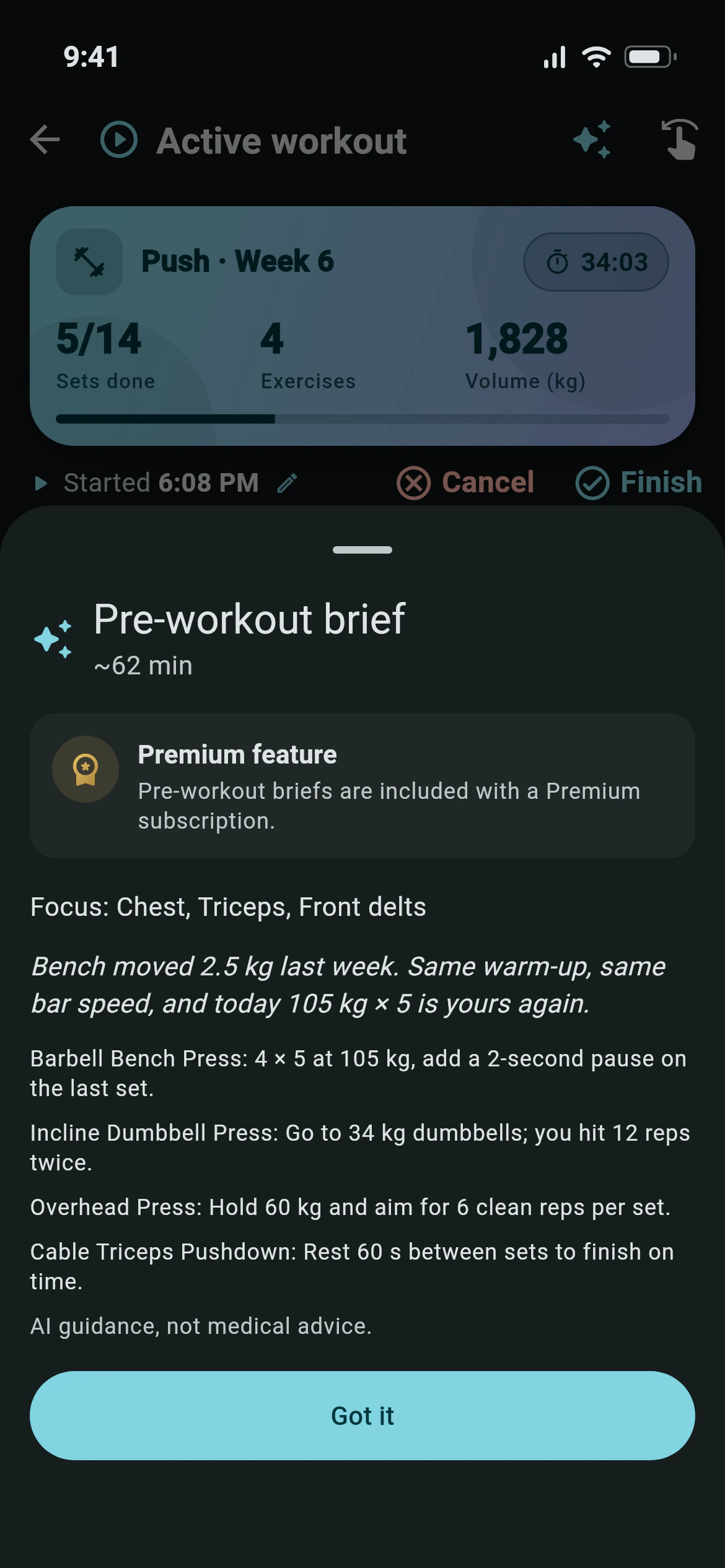 An Awzany AI pre-workout brief with focus muscles and a target for each lift