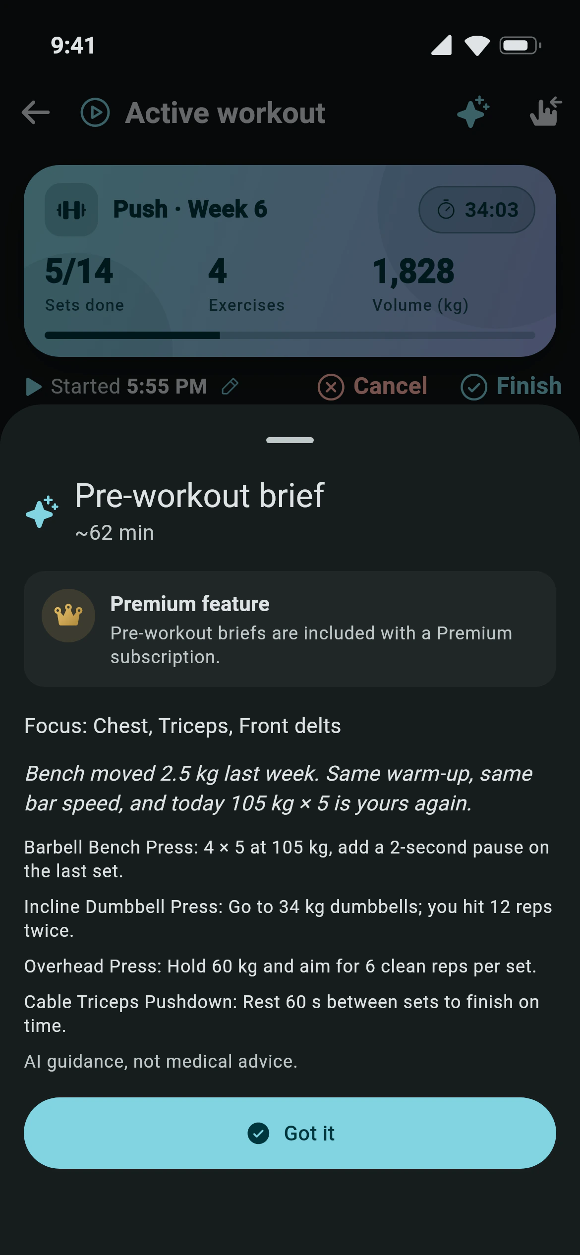 An Awzany AI pre-workout brief with focus muscles and a target for each lift