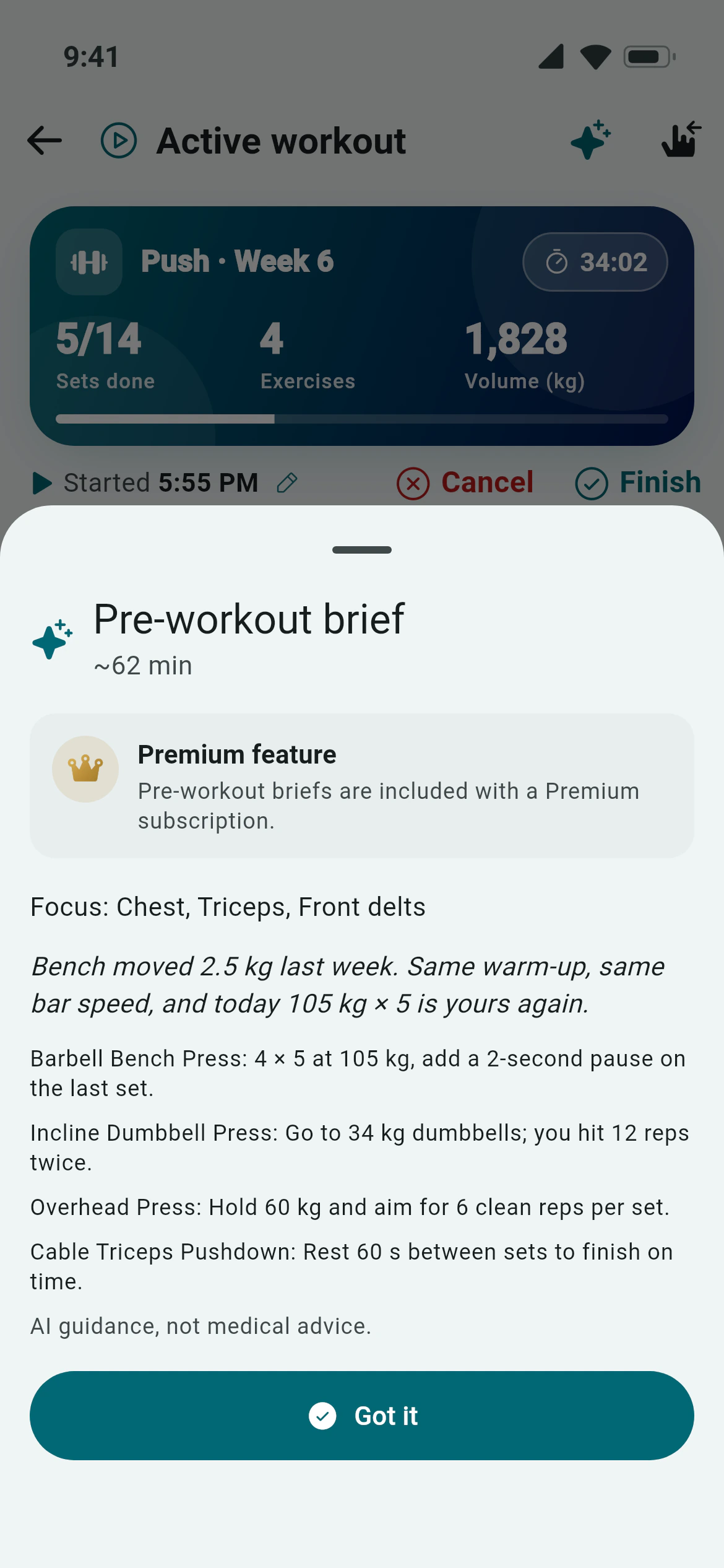 An Awzany AI pre-workout brief with focus muscles and a target for each lift