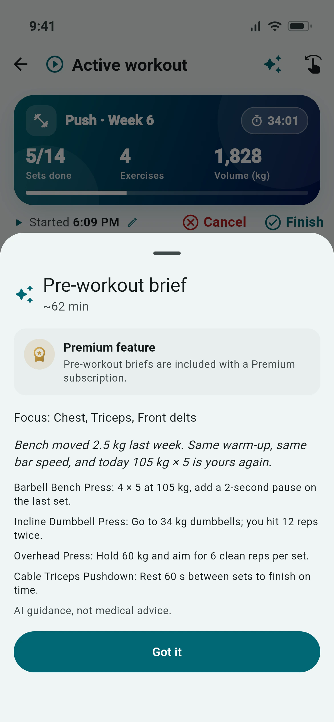 An Awzany AI pre-workout brief with focus muscles and a target for each lift