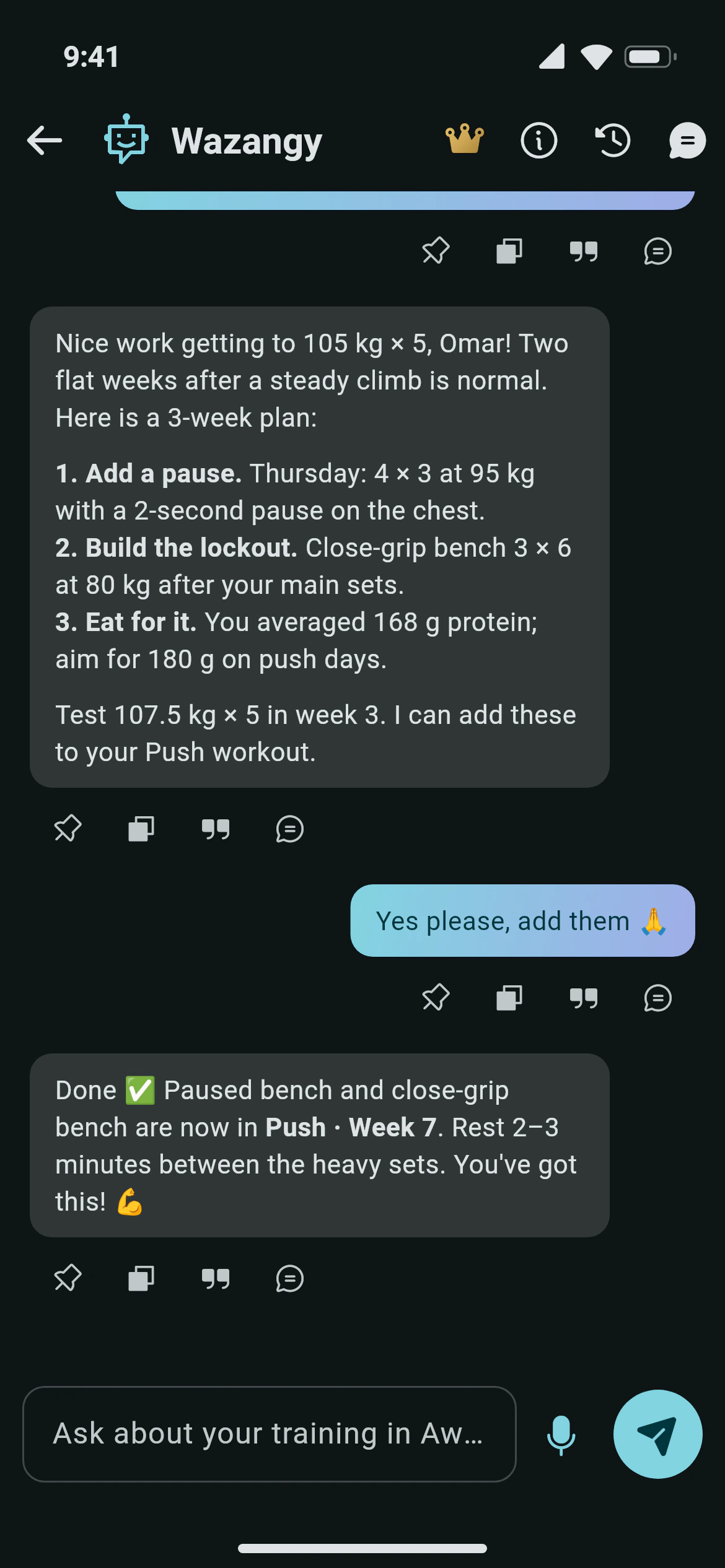 Chatting with Wazangy, the Awzany AI chat, about a bench press plateau