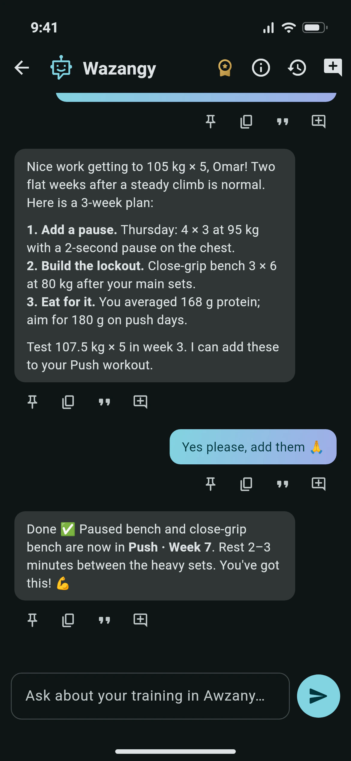 Chatting with Wazangy, the Awzany AI chat, about a bench press plateau