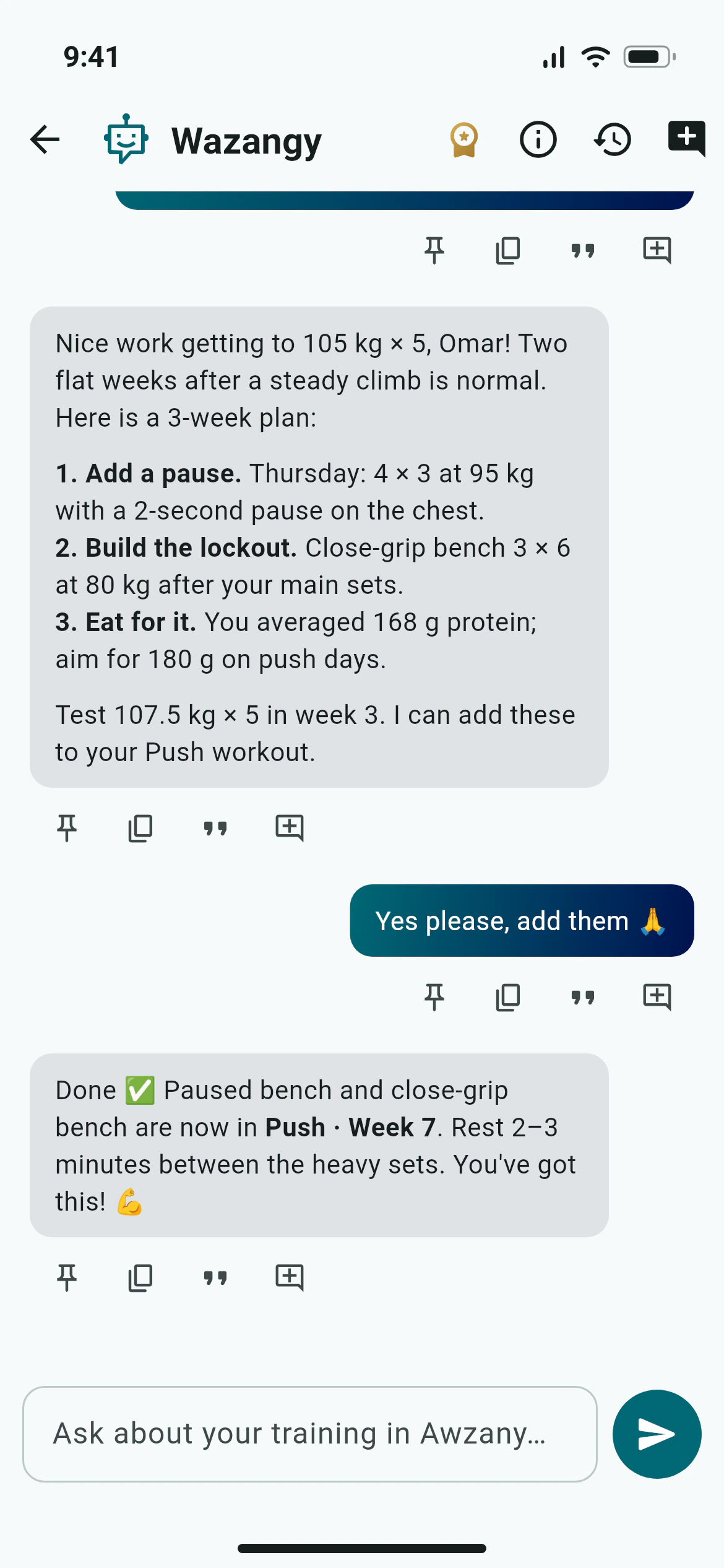 Chatting with Wazangy, the Awzany AI chat, about a bench press plateau