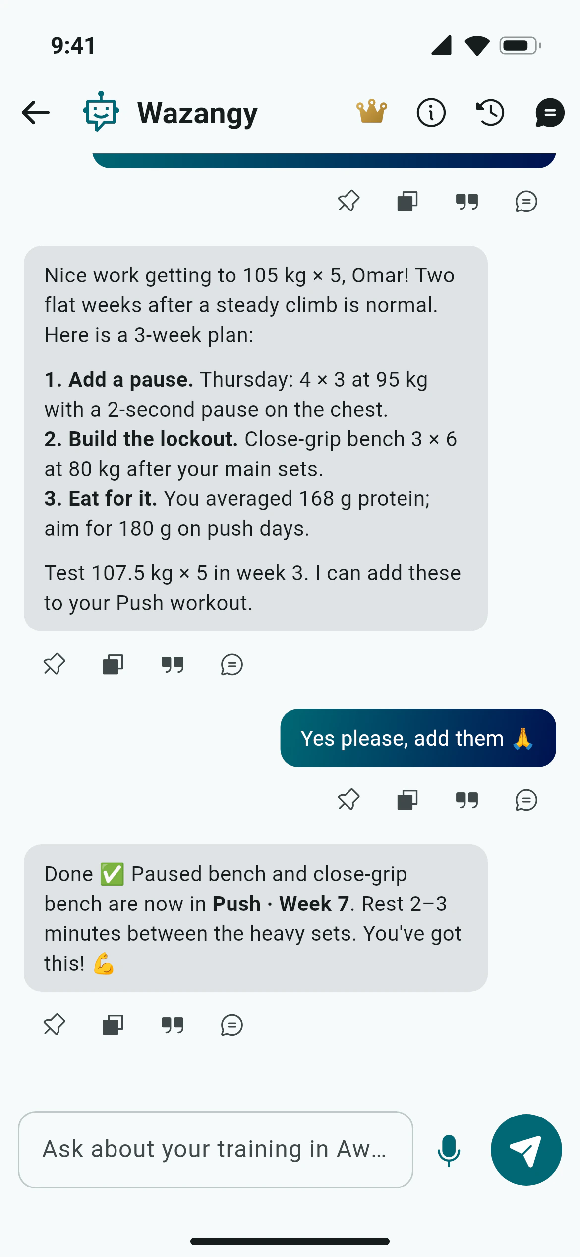 Chatting with Wazangy, the Awzany AI chat, about a bench press plateau