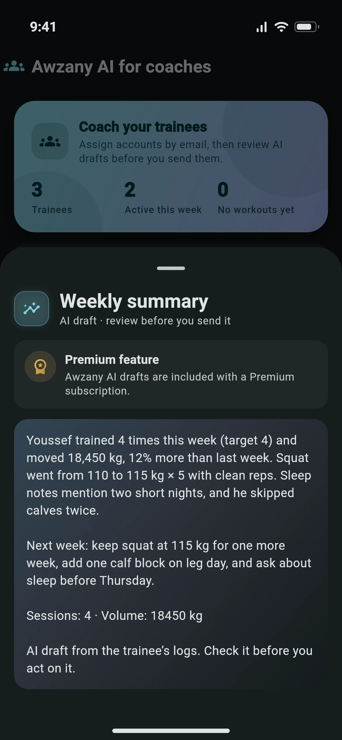 Awzany AI for coaches: a weekly summary draft of a trainee, over the trainee list