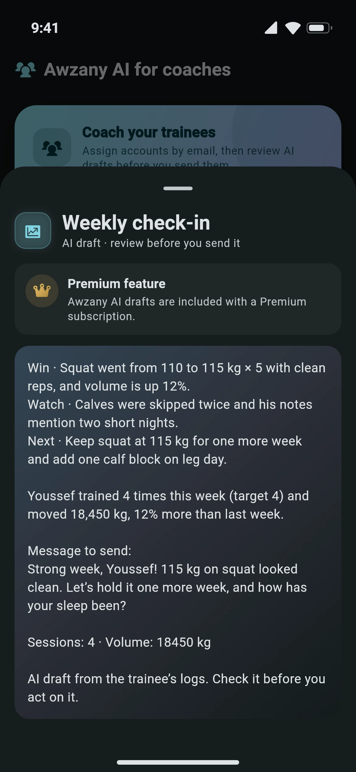 Awzany AI for coaches: a trainee’s weekly check-in (a win, a watch-out and a next step), over the trainee list