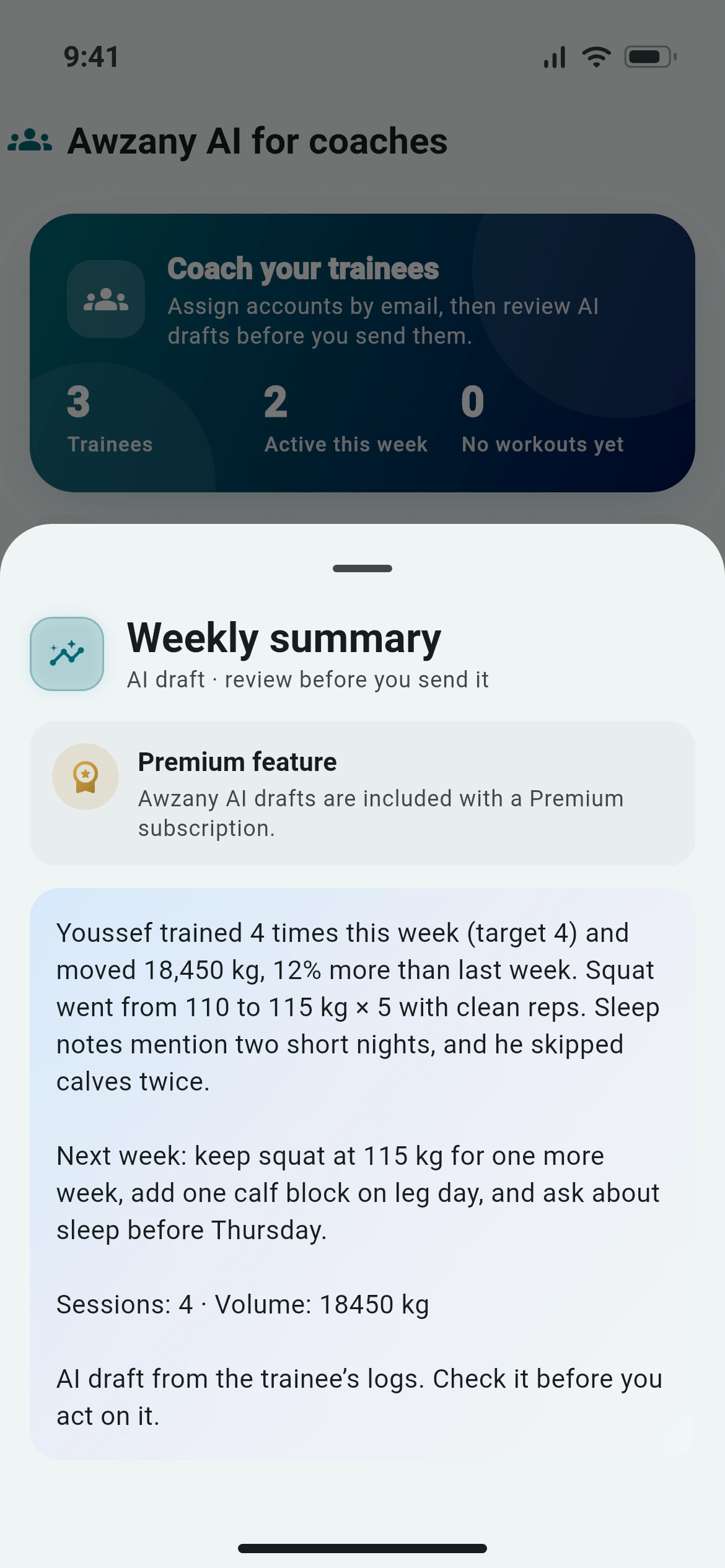 Awzany AI for coaches: a weekly summary draft of a trainee, over the trainee list