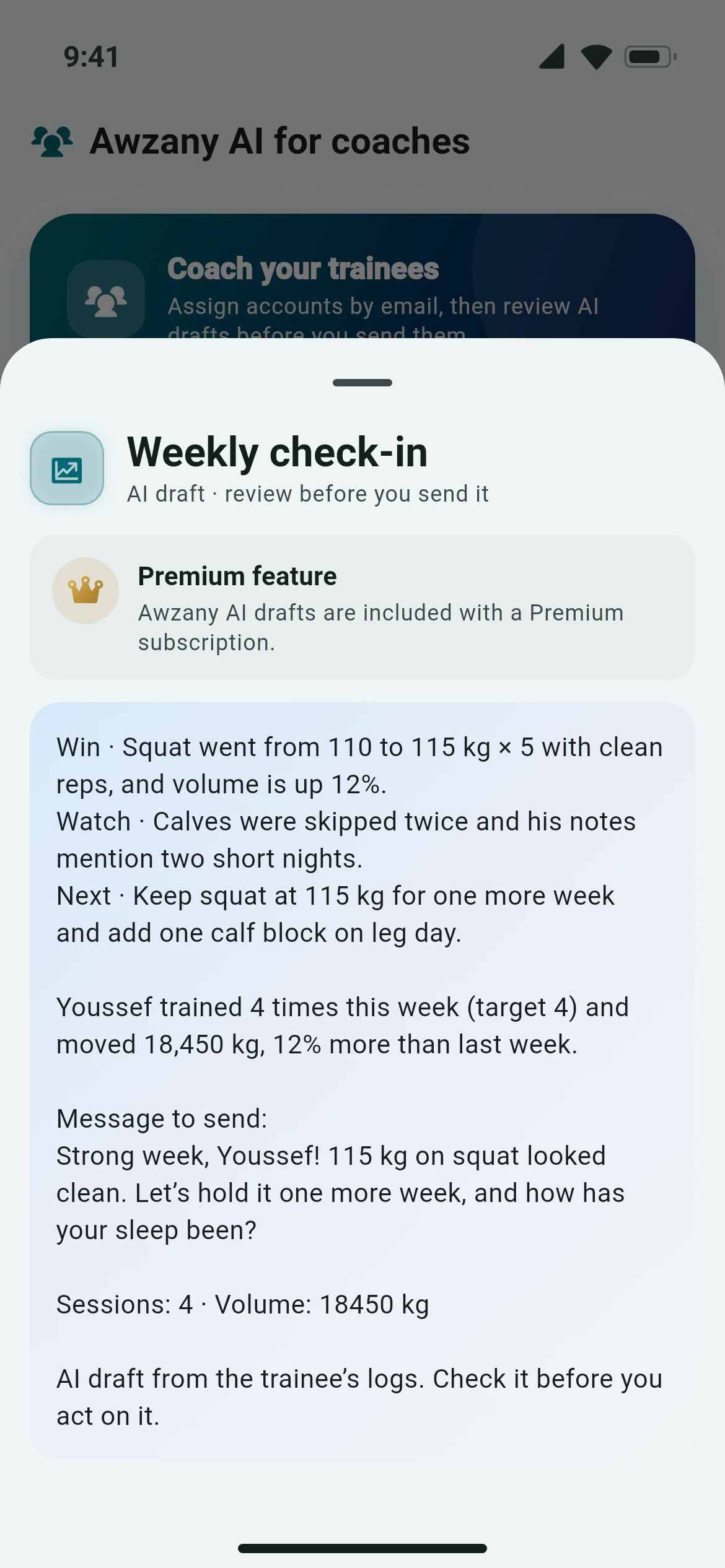 Awzany AI for coaches: a trainee’s weekly check-in (a win, a watch-out and a next step), over the trainee list