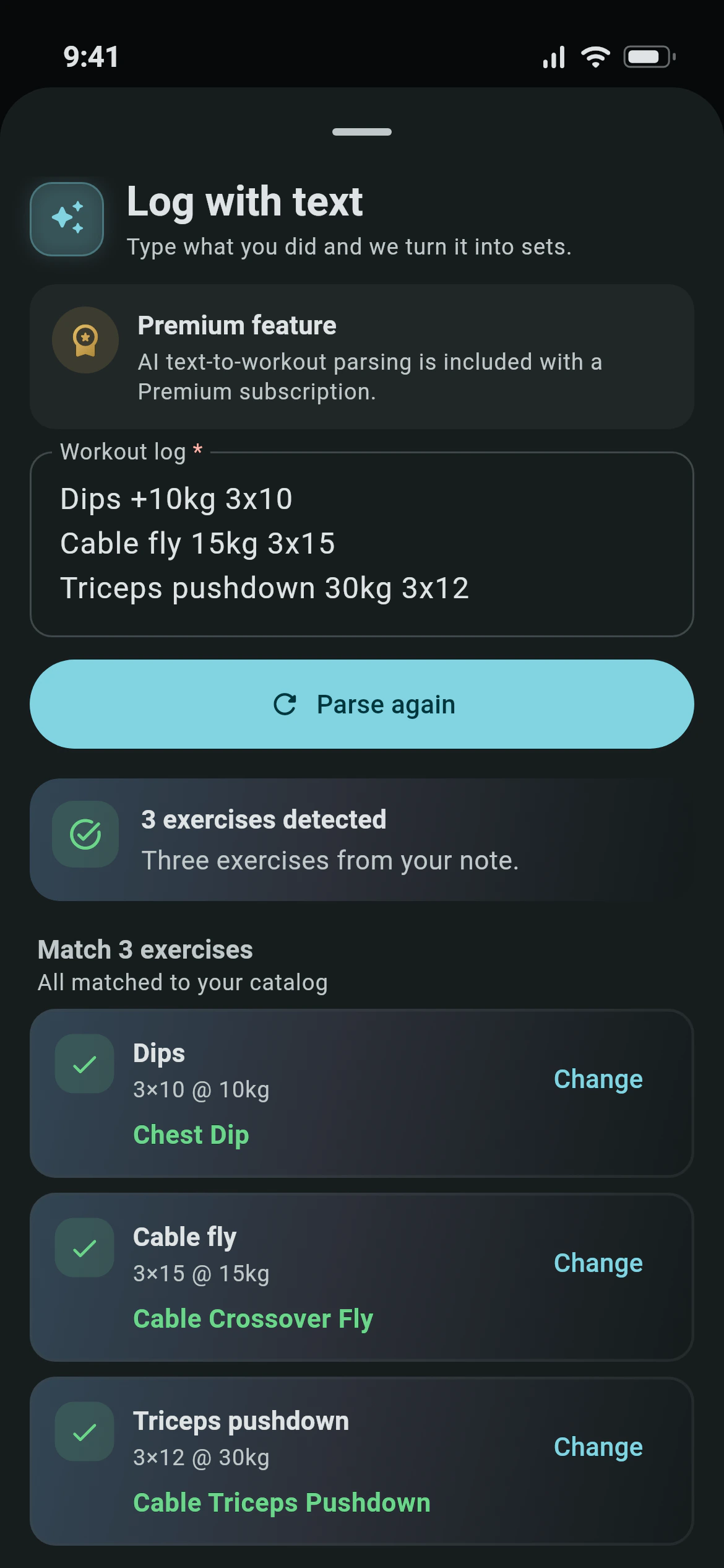 A workout typed as text and turned into sets by Awzany AI, each exercise matched to the library