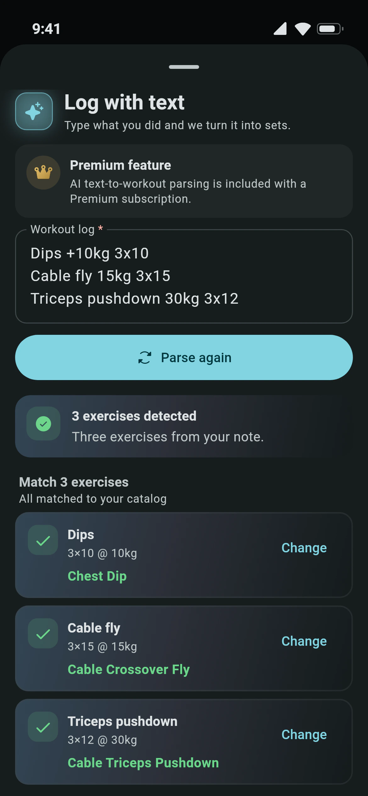 A workout typed as text and turned into sets by Awzany AI, each exercise matched to the library