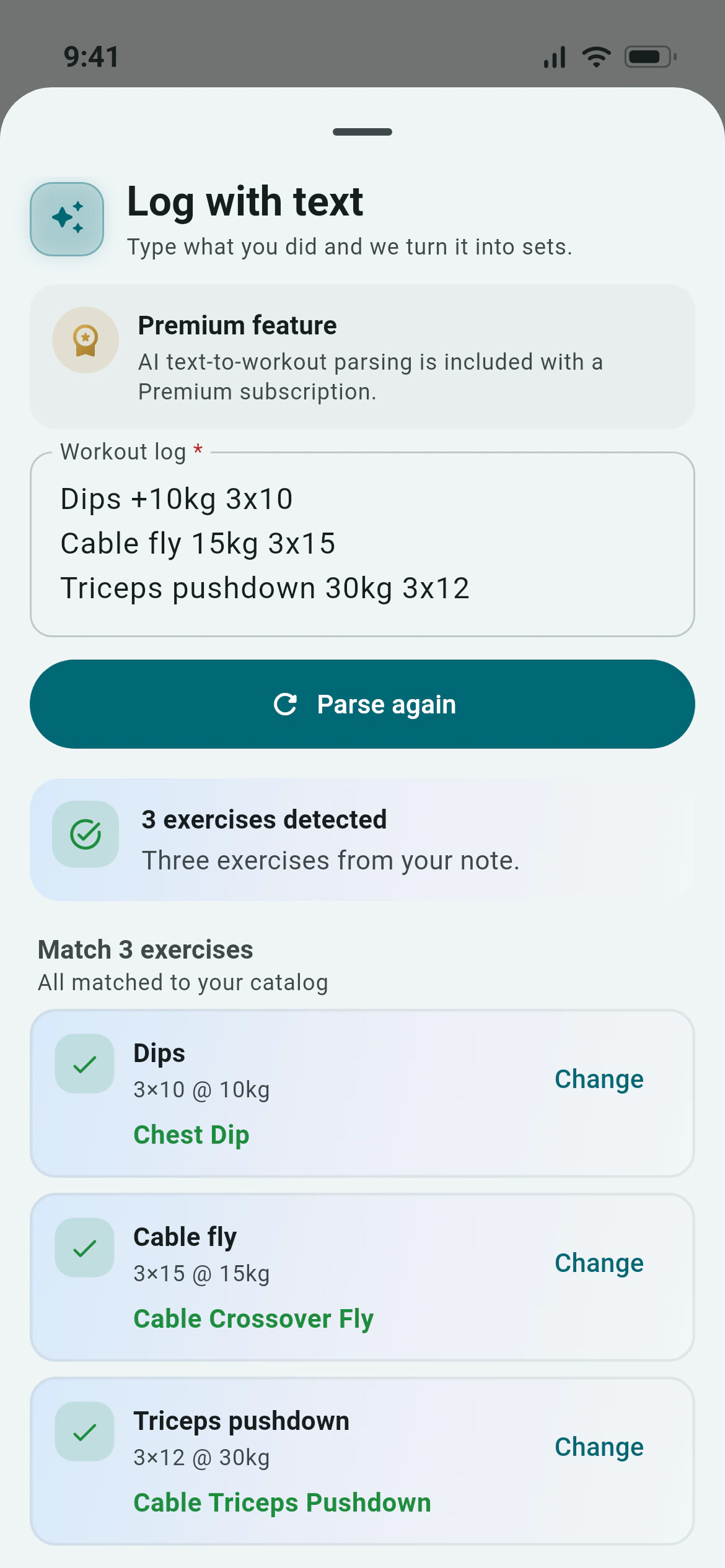 A workout typed as text and turned into sets by Awzany AI, each exercise matched to the library