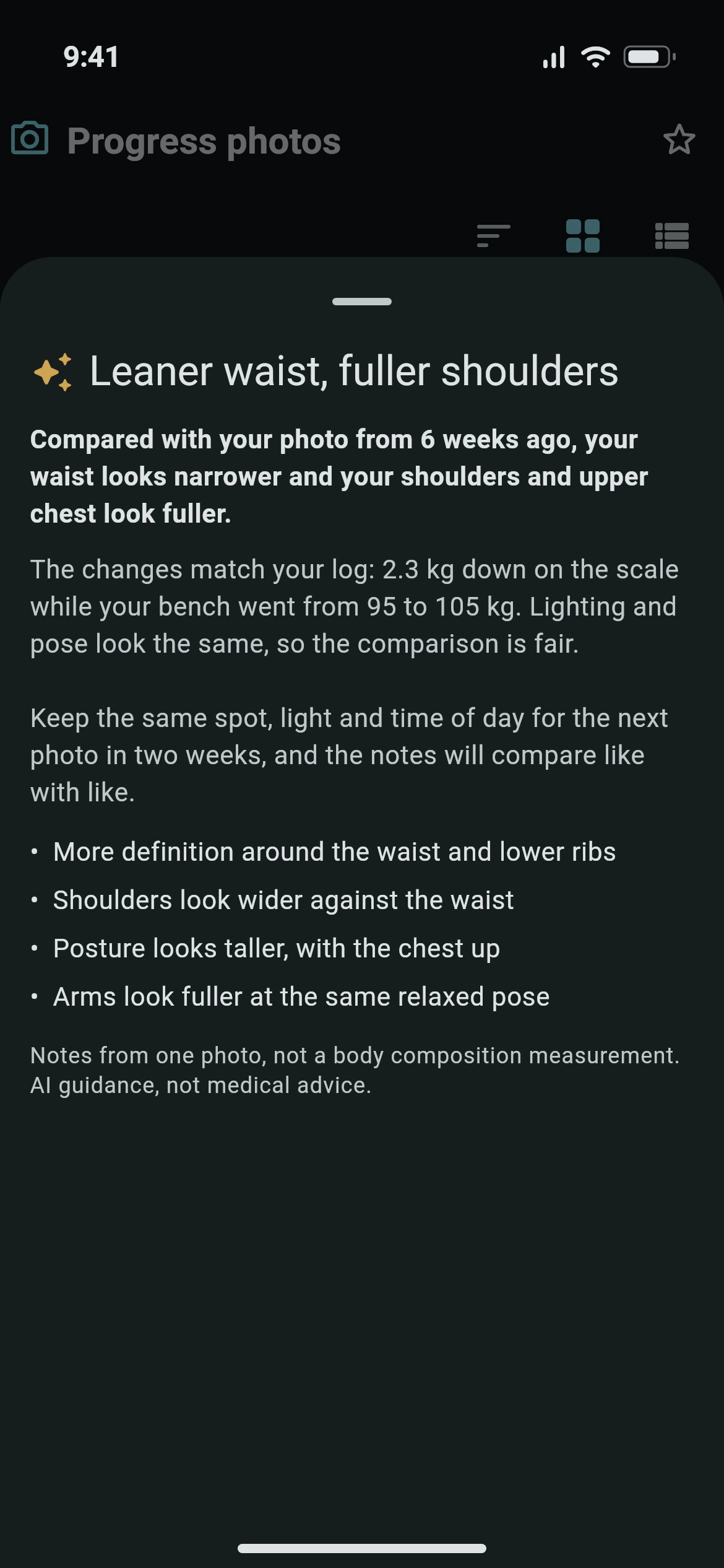 Awzany AI notes on a progress photo: what changed since six weeks ago, in plain points