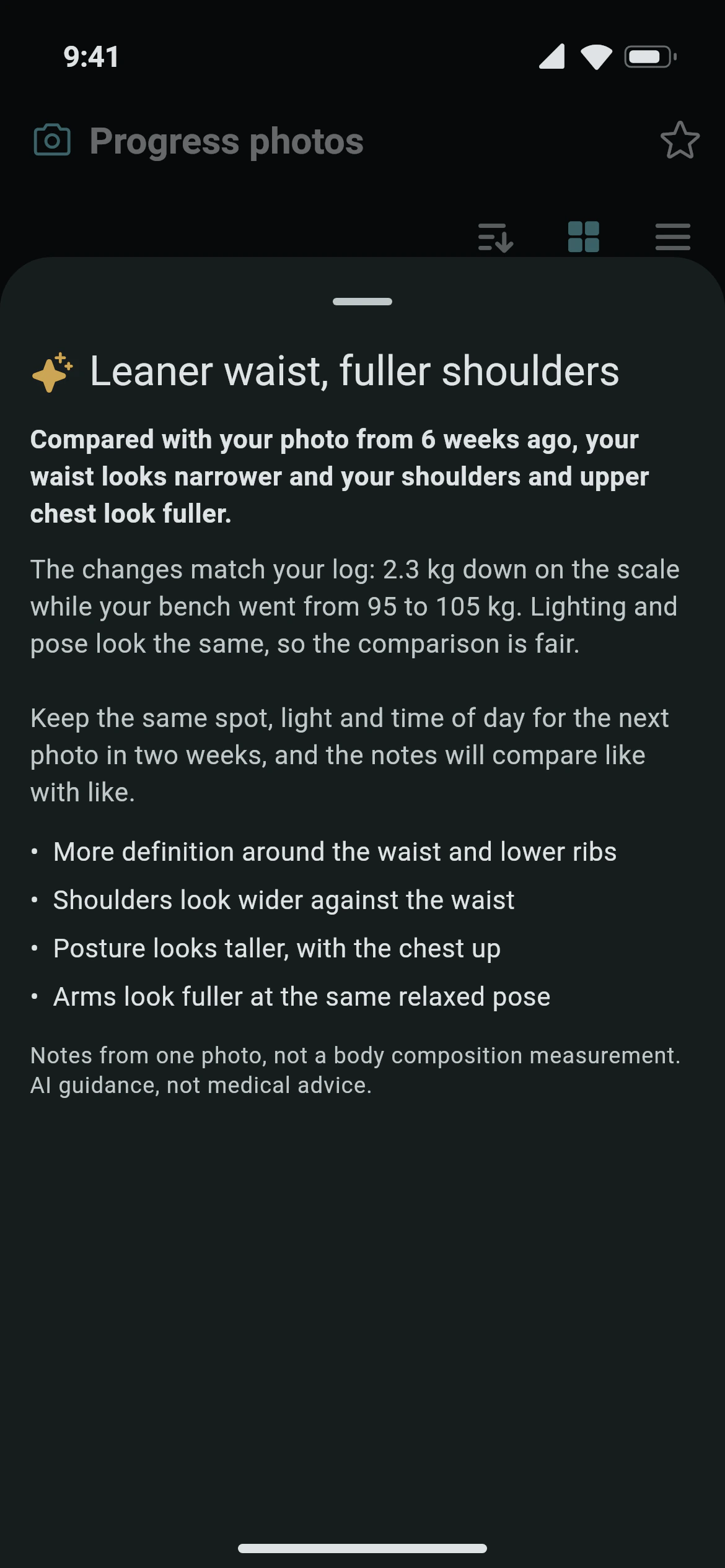 Awzany AI notes on a progress photo: what changed since six weeks ago, in plain points