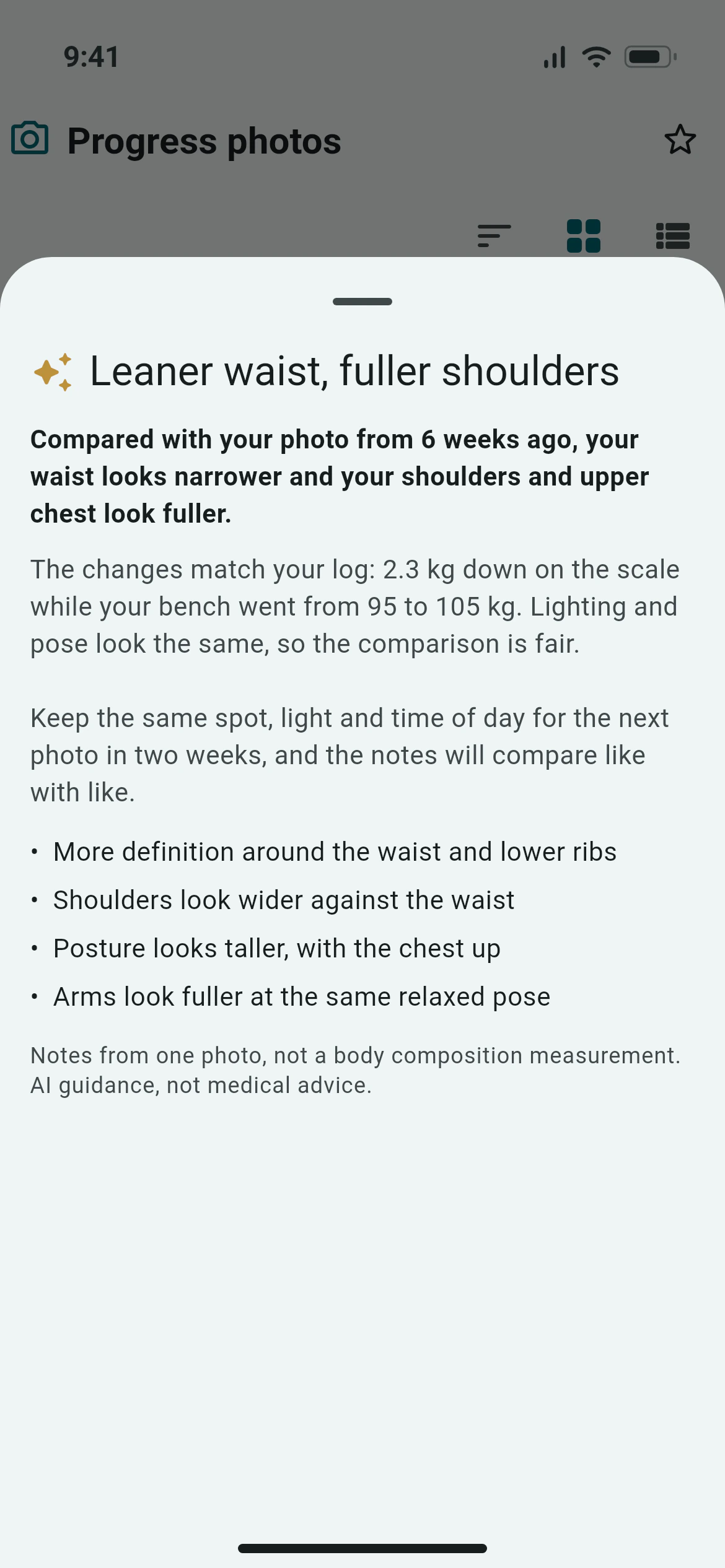 Awzany AI notes on a progress photo: what changed since six weeks ago, in plain points
