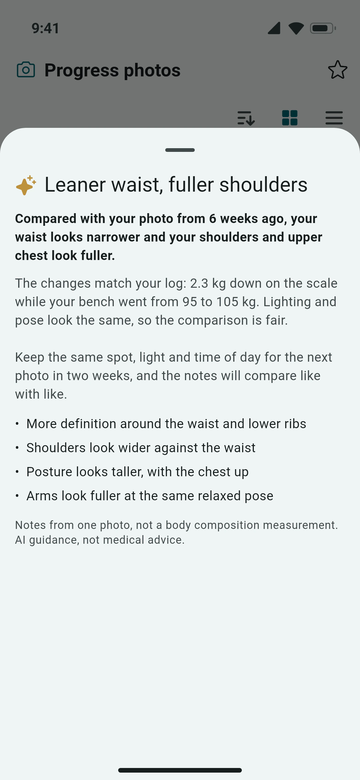 Awzany AI notes on a progress photo: what changed since six weeks ago, in plain points