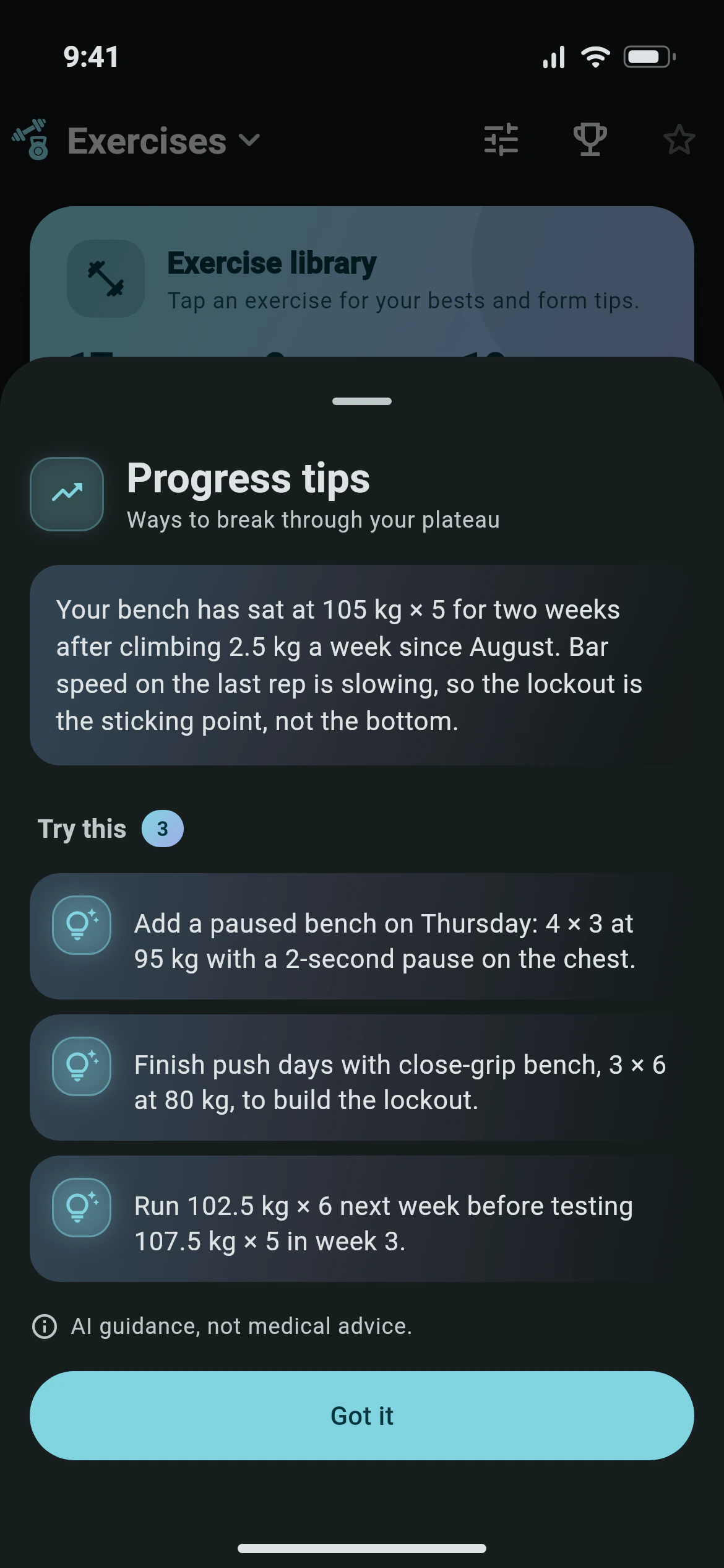 Awzany AI progress tips for a stalled bench press: why it stalled and three changes to try, over the exercise library