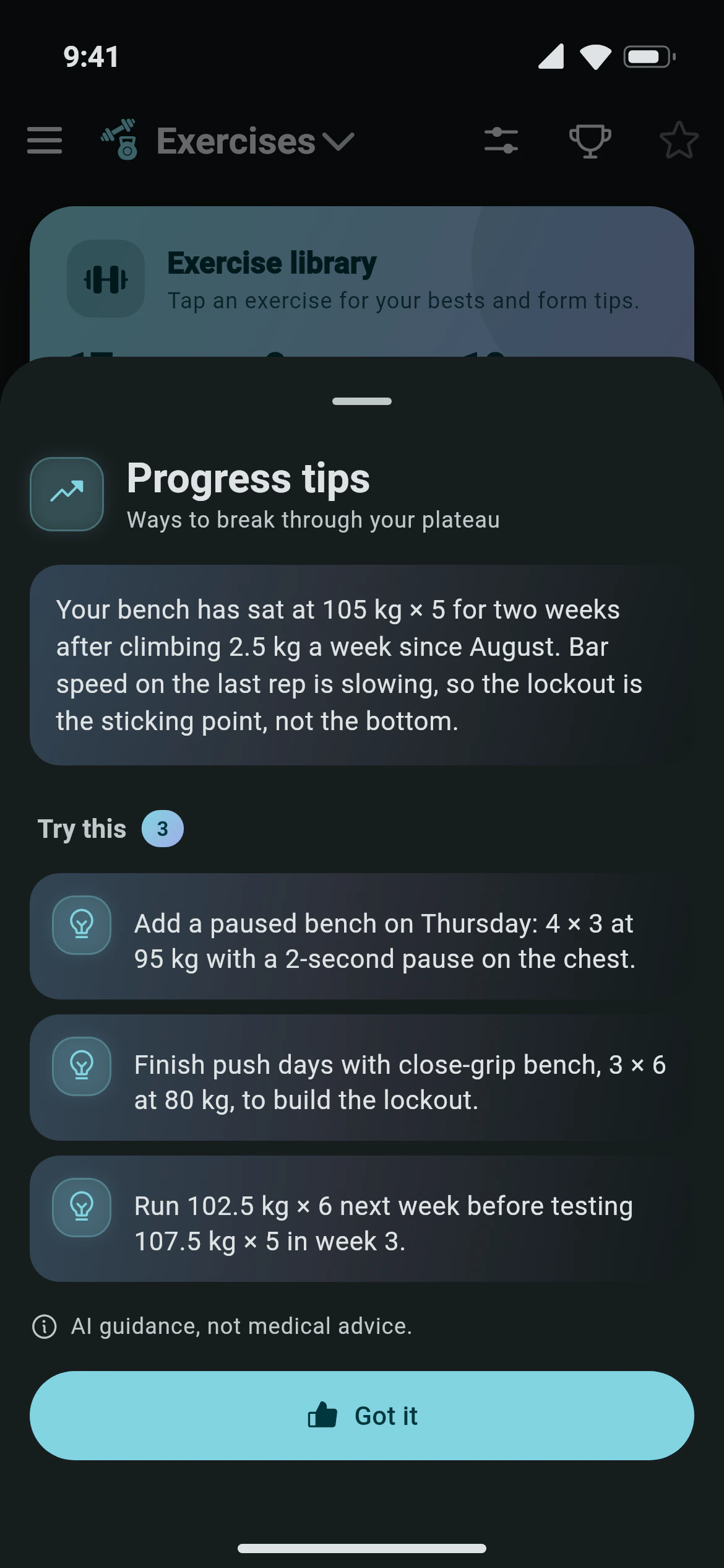 Awzany AI progress tips for a stalled bench press: why it stalled and three changes to try, over the exercise library