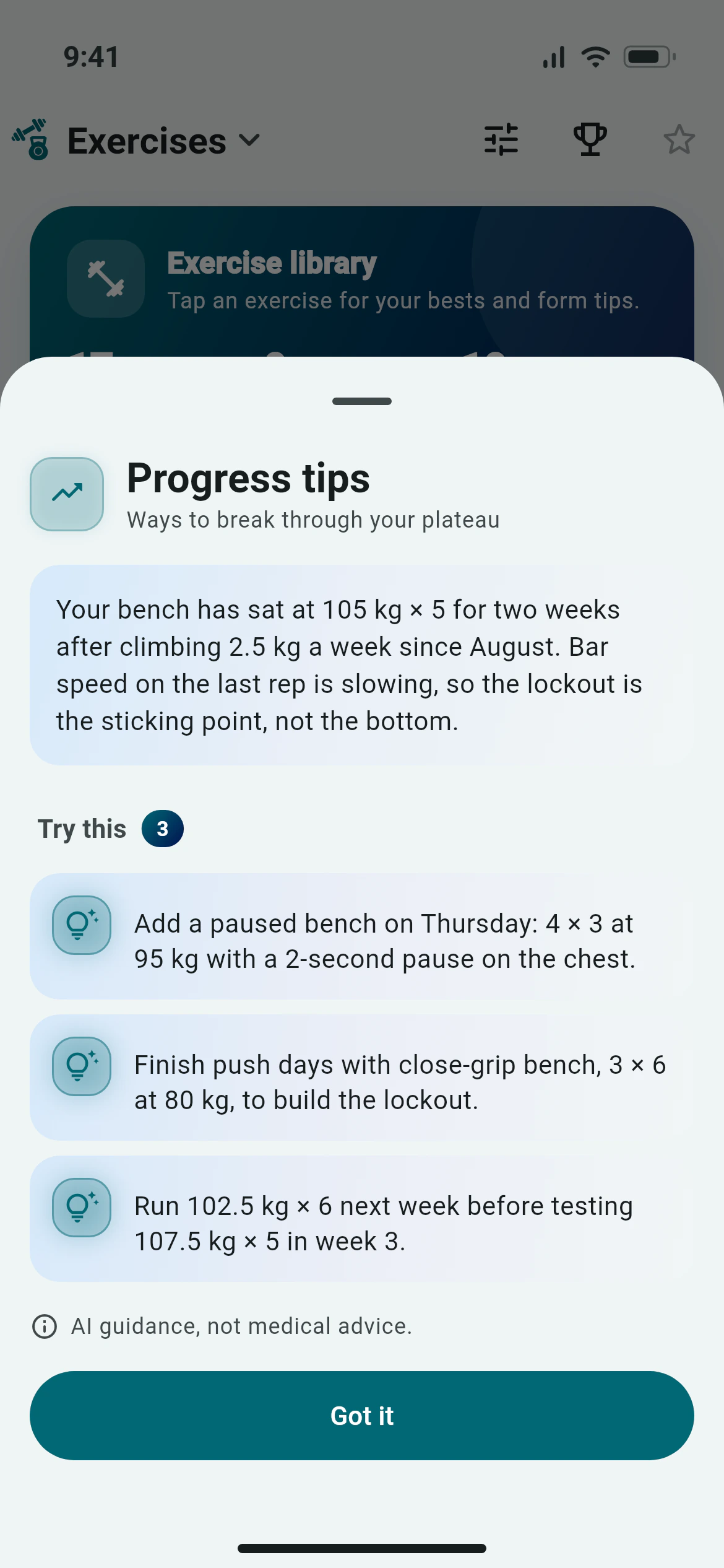 Awzany AI progress tips for a stalled bench press: why it stalled and three changes to try, over the exercise library