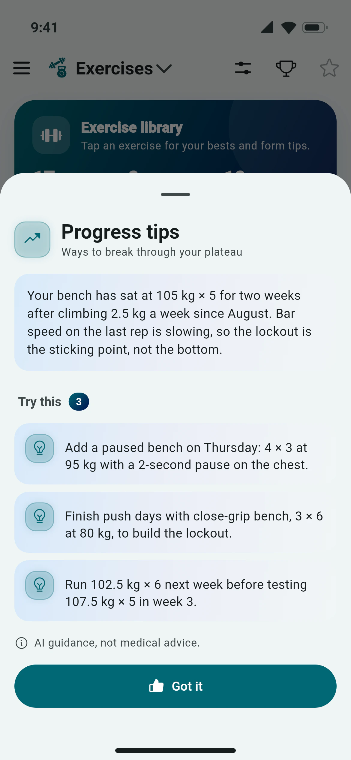 Awzany AI progress tips for a stalled bench press: why it stalled and three changes to try, over the exercise library
