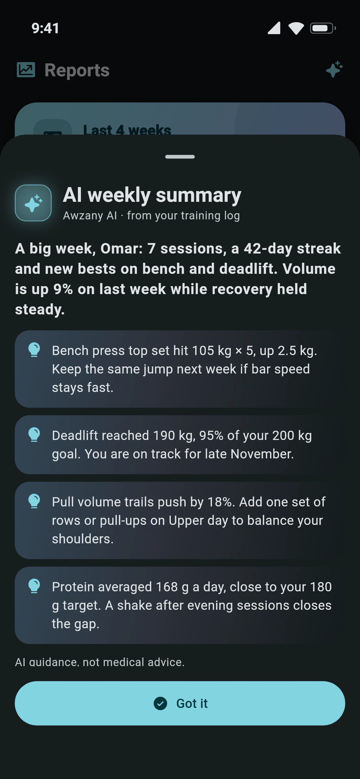 The Awzany AI weekly summary over the Reports screen, with the week explained in four points