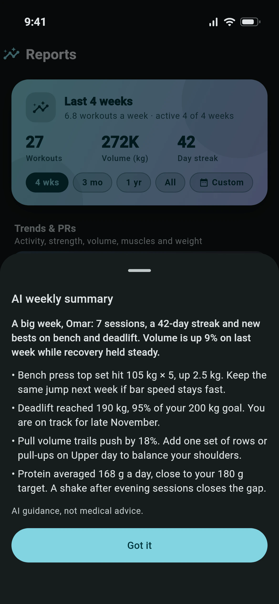 The Awzany AI weekly summary over the Reports screen, with the week explained in four points