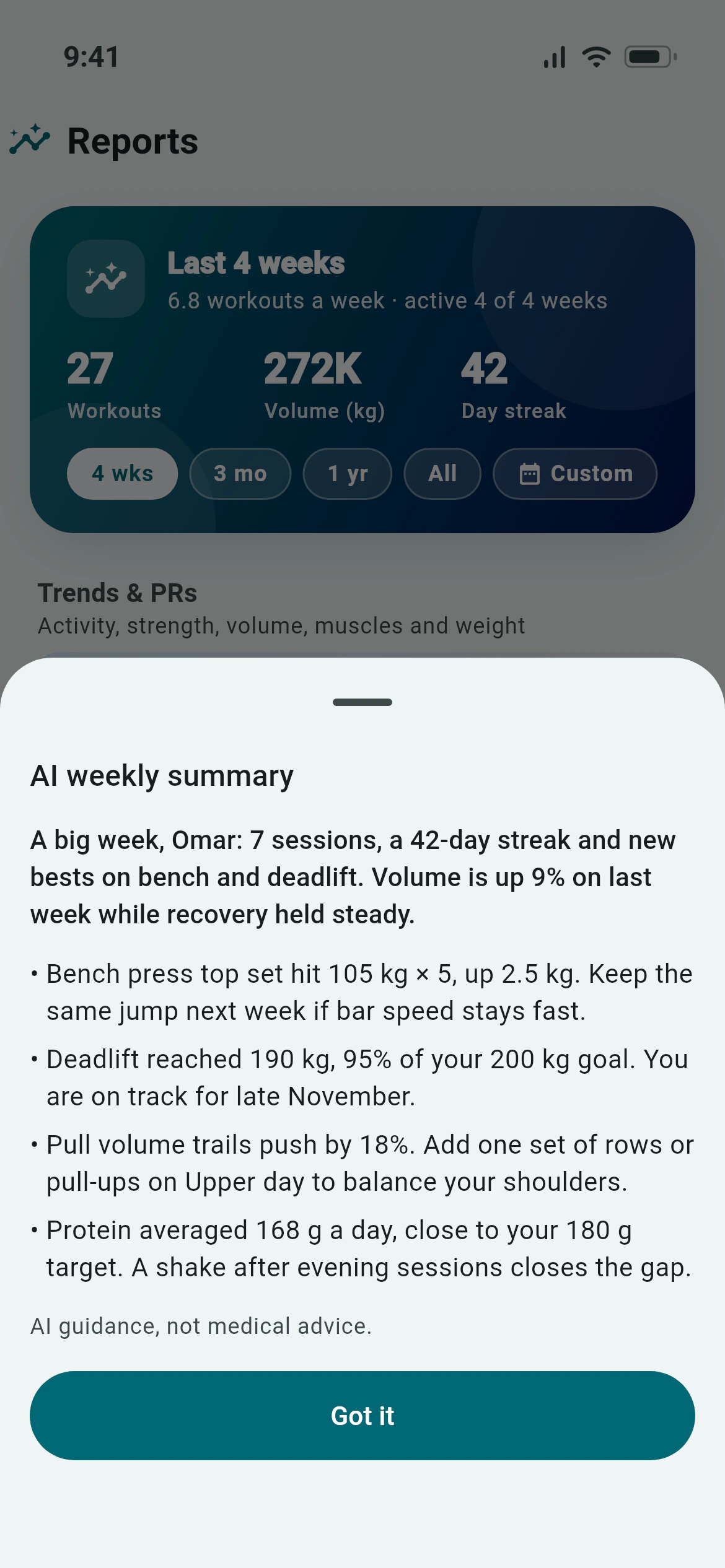 The Awzany AI weekly summary over the Reports screen, with the week explained in four points