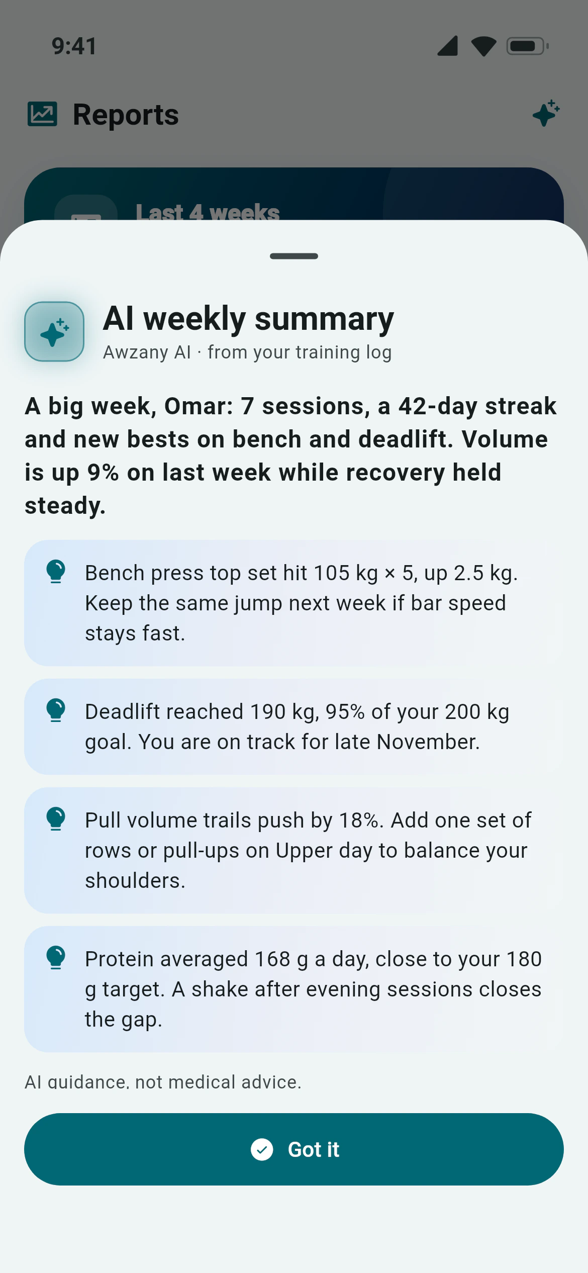 The Awzany AI weekly summary over the Reports screen, with the week explained in four points
