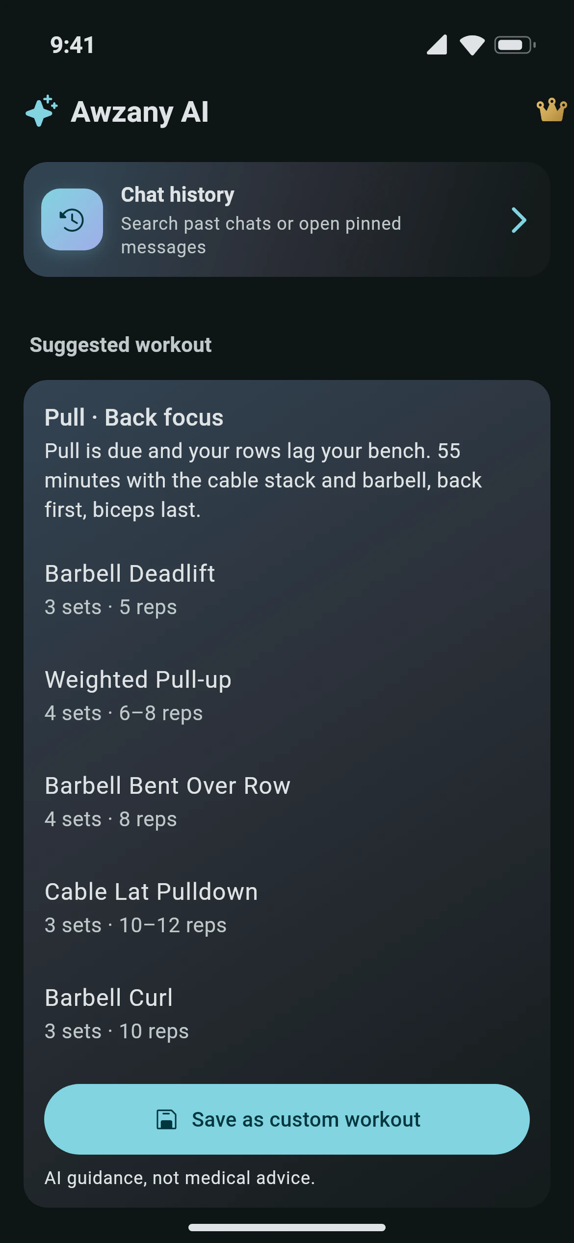A pull workout suggested by Awzany AI, with sets and reps for each exercise and a button to save it as a custom workout
