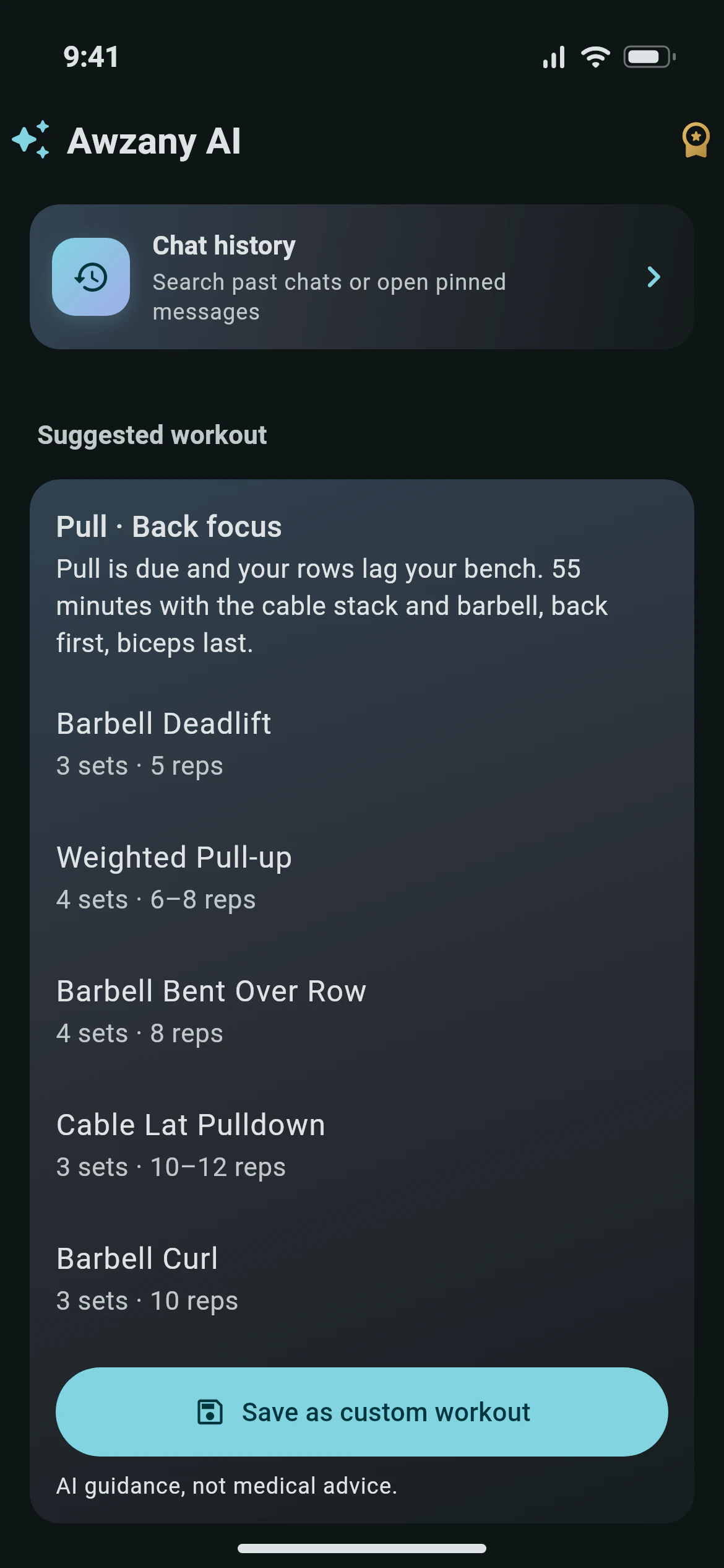 A pull workout suggested by Awzany AI, with sets and reps for each exercise and a button to save it as a custom workout
