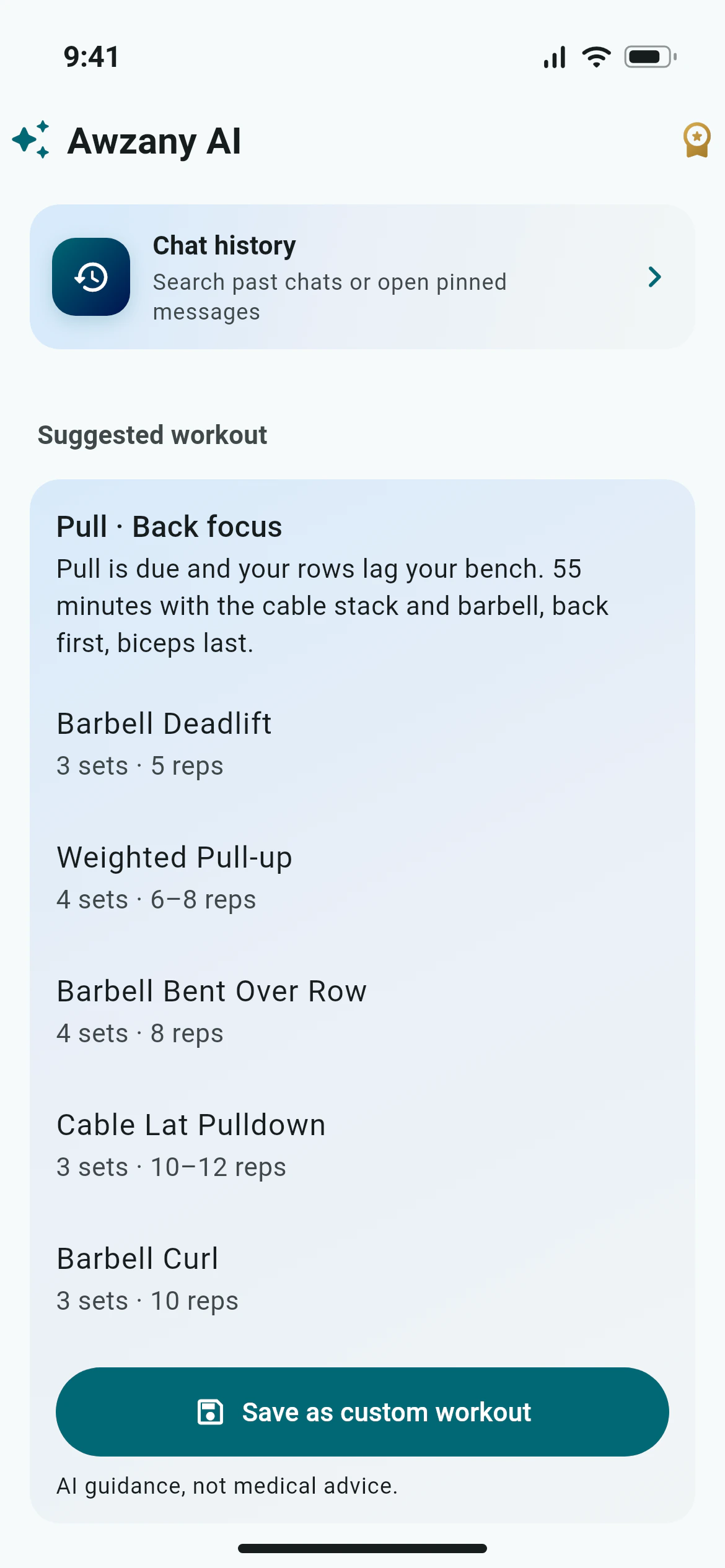 A pull workout suggested by Awzany AI, with sets and reps for each exercise and a button to save it as a custom workout