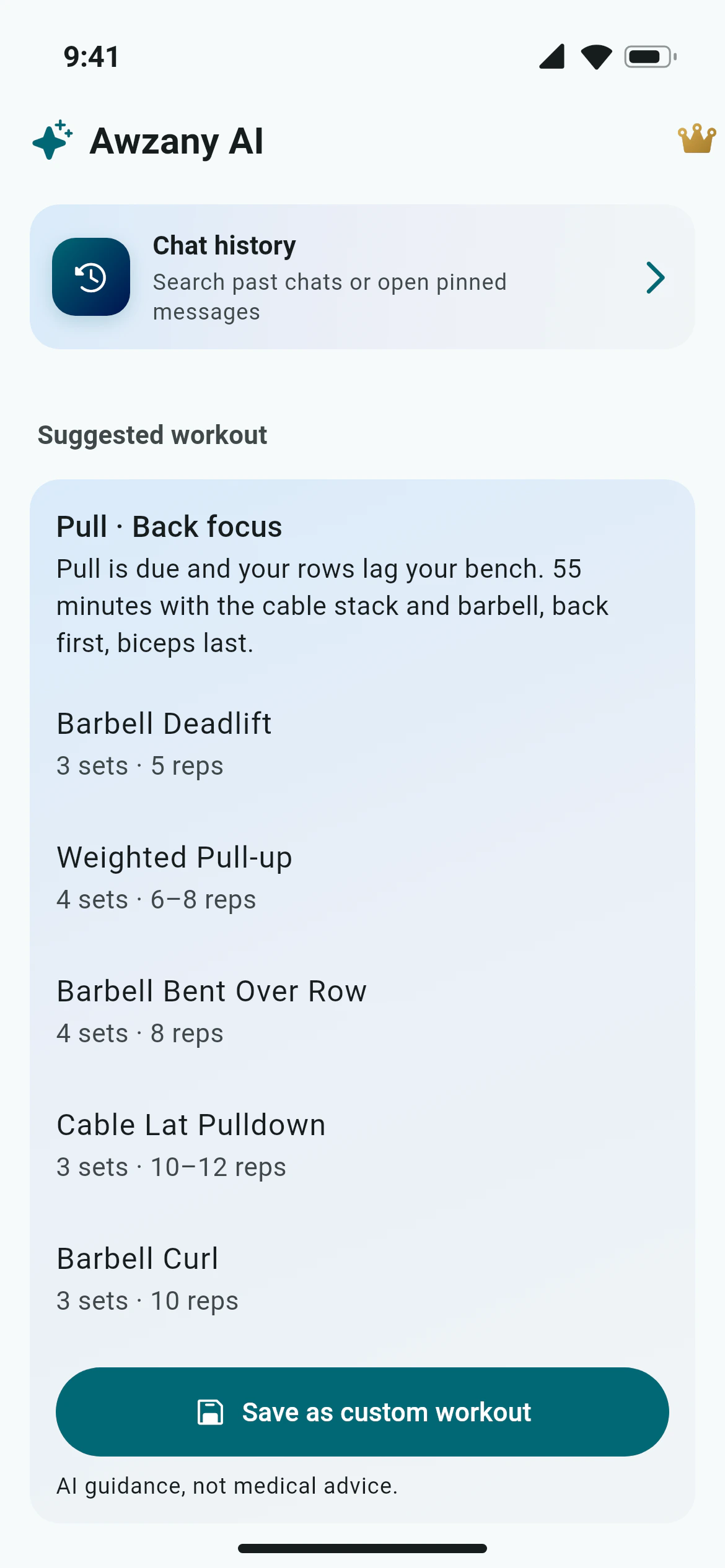 A pull workout suggested by Awzany AI, with sets and reps for each exercise and a button to save it as a custom workout
