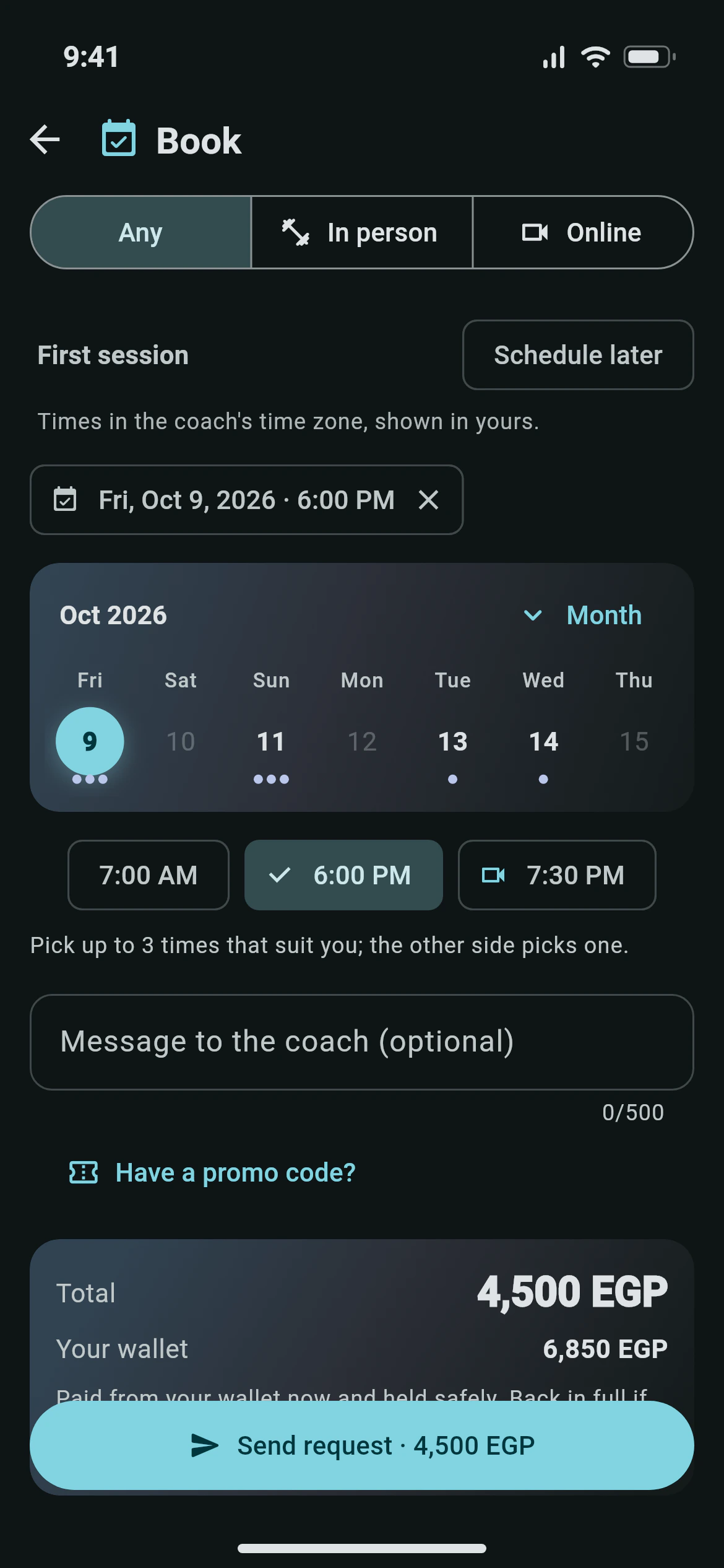 A booking in Awzany with the terms, sessions and accept or counter buttons