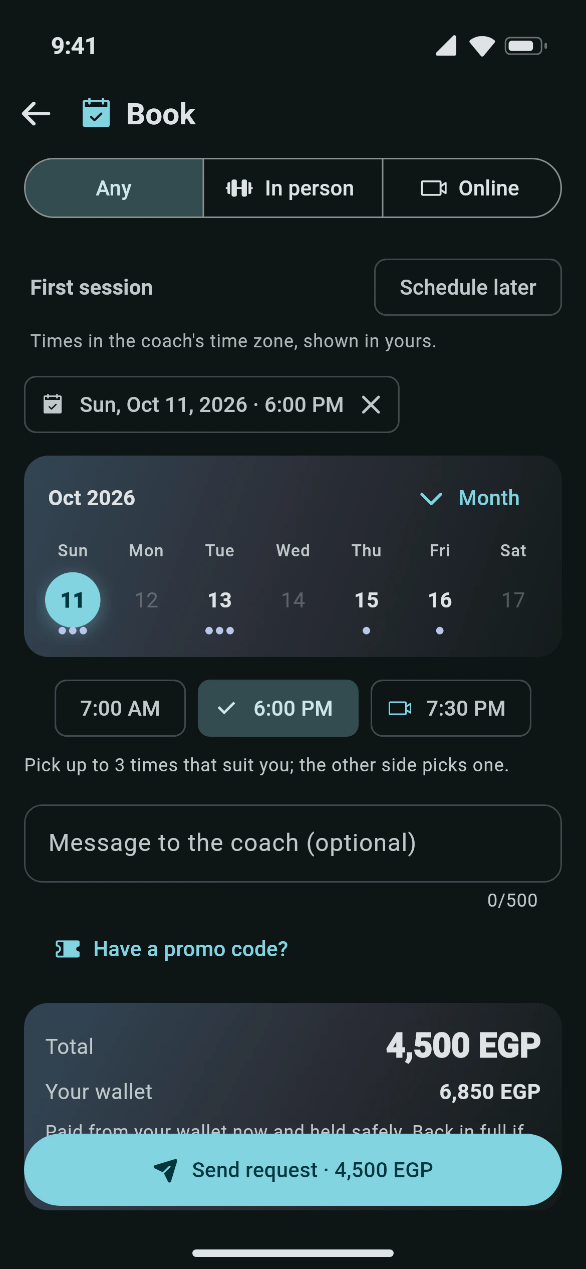 A booking in Awzany with the terms, sessions and accept or counter buttons