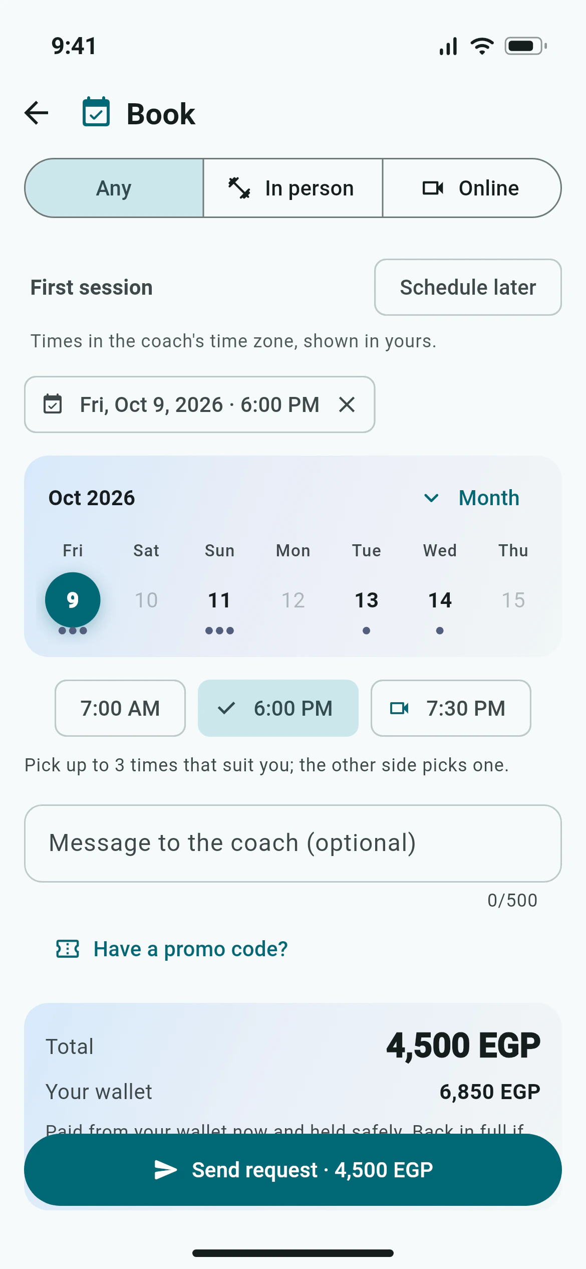 A booking in Awzany with the terms, sessions and accept or counter buttons