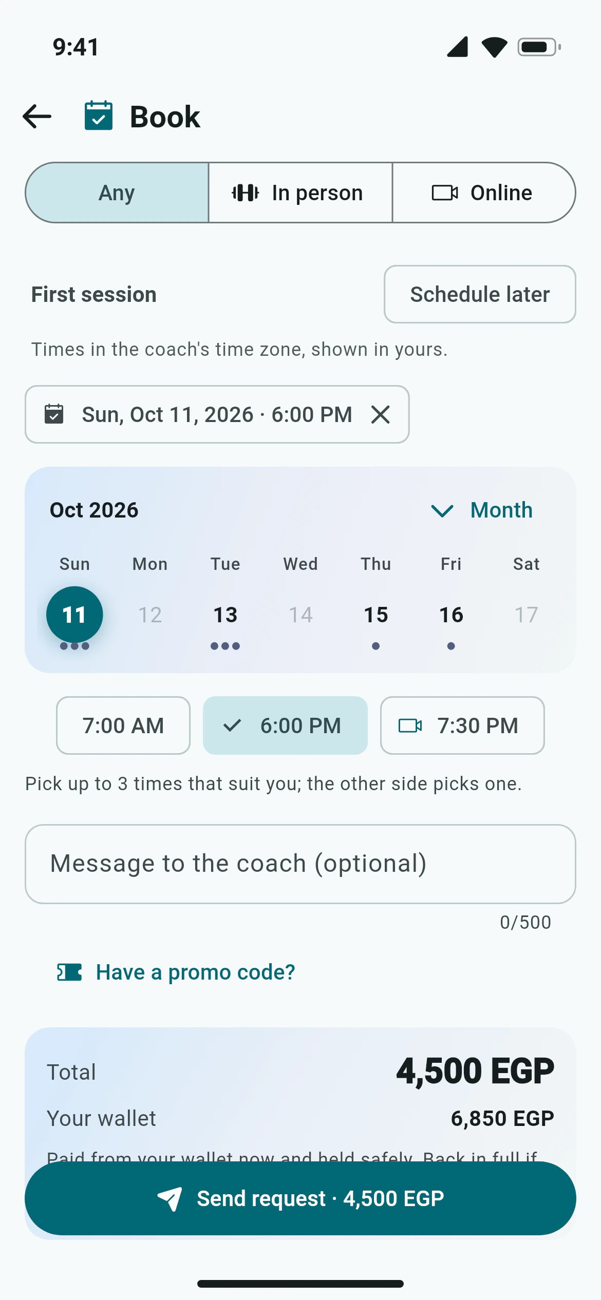 A booking in Awzany with the terms, sessions and accept or counter buttons