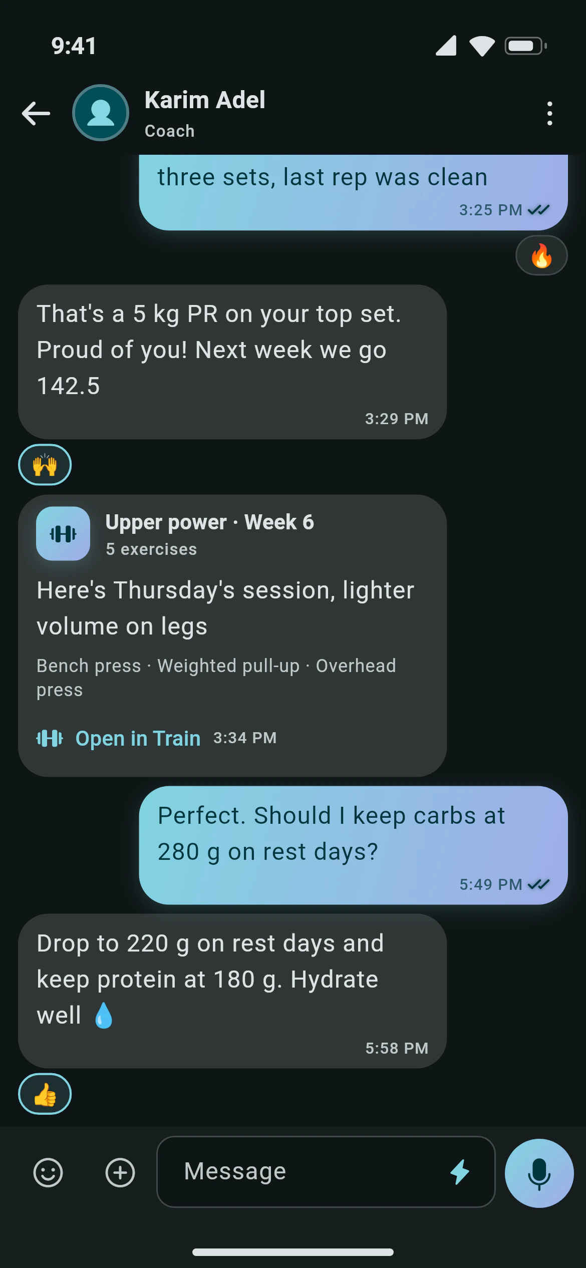 A chat between a coach and a trainee in Awzany with reactions and a workout card