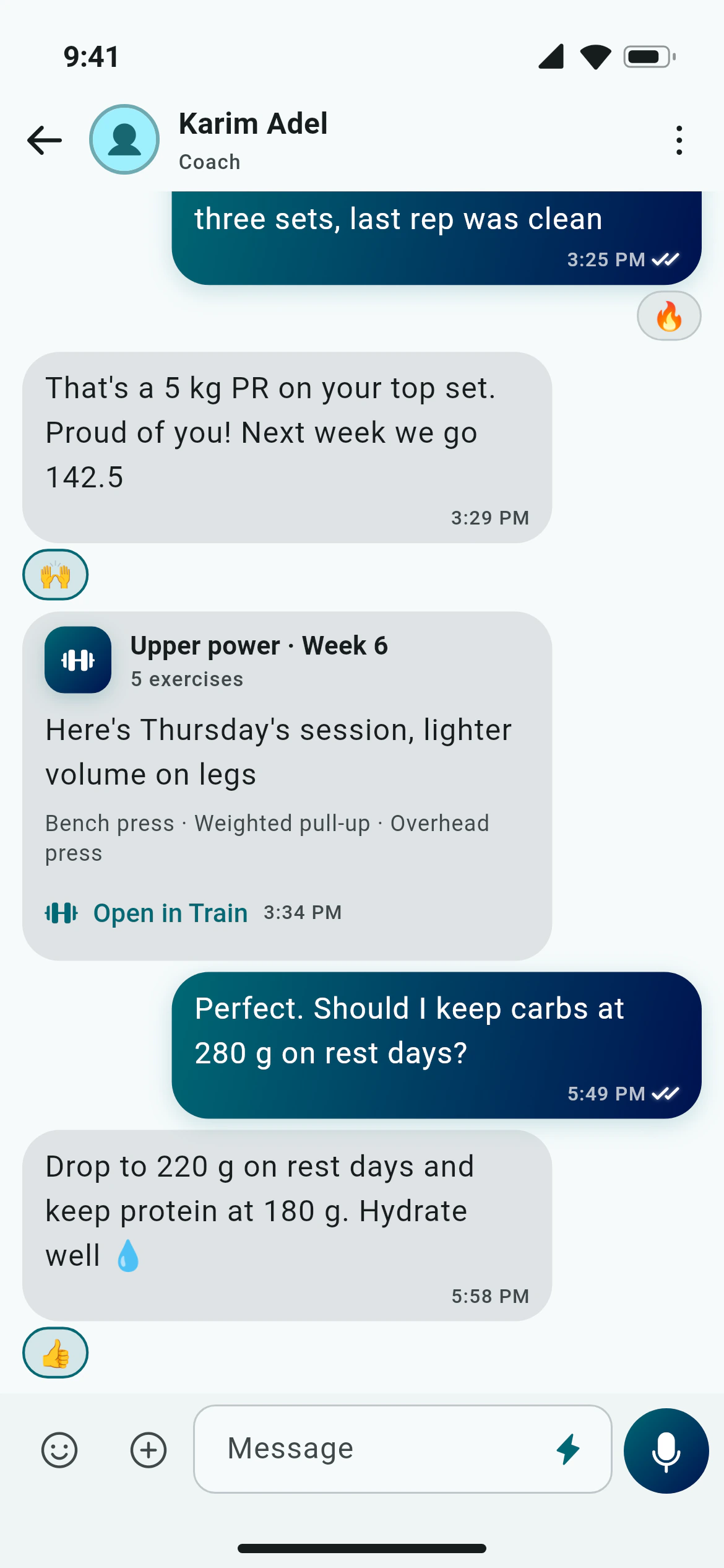 A chat between a coach and a trainee in Awzany with reactions and a workout card