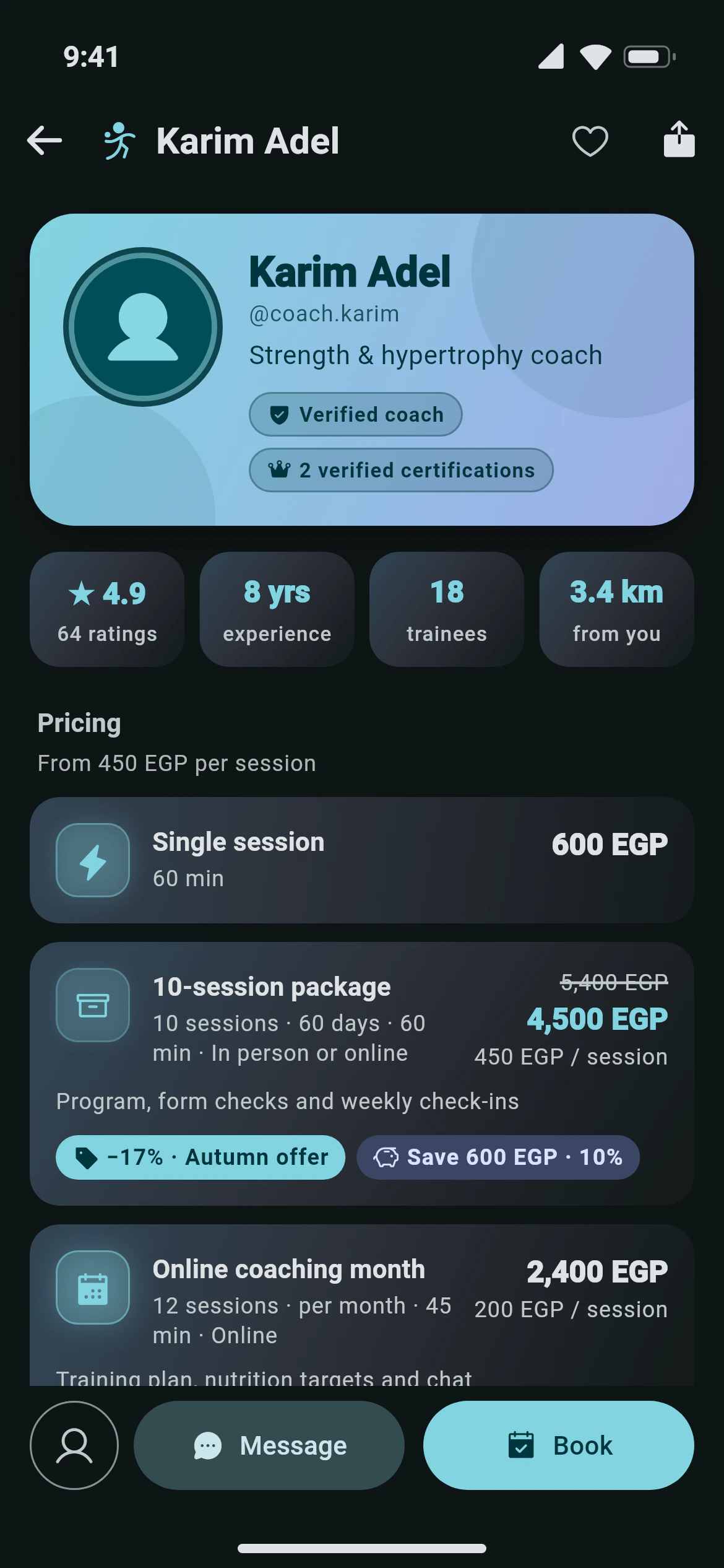 A coach page in Awzany with badges, offers, gallery and certifications
