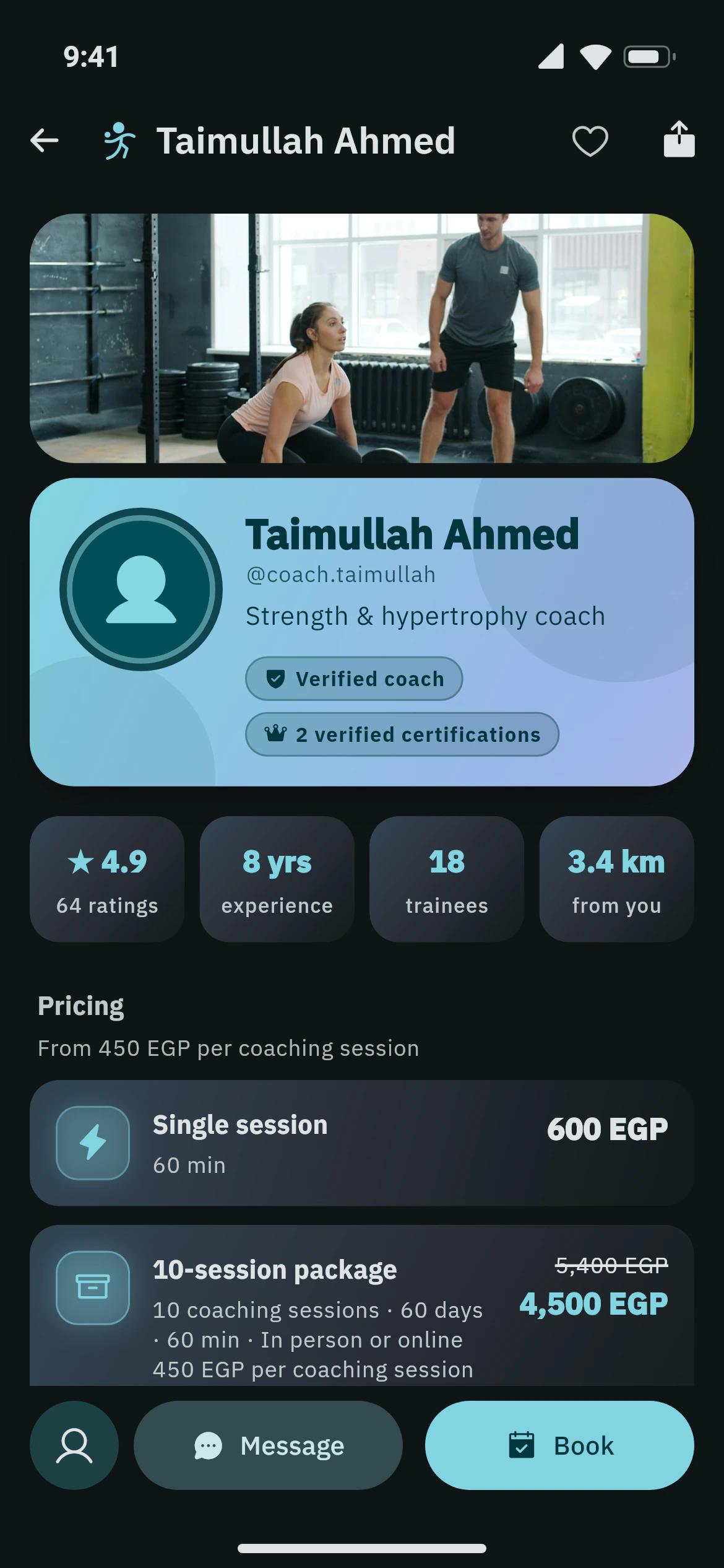 A coach page in Awzany with badges, offers, gallery and certifications