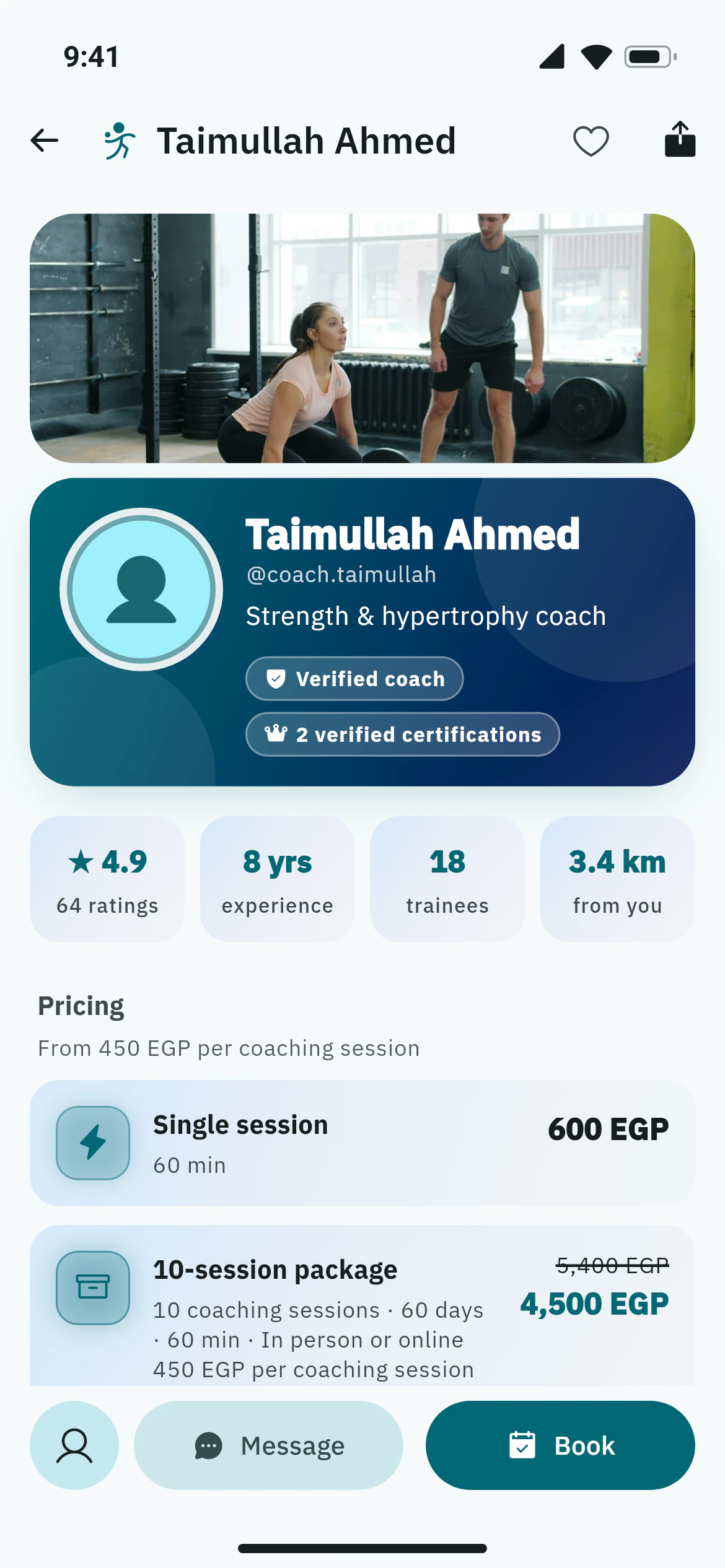 A coach page in Awzany with badges, offers, gallery and certifications