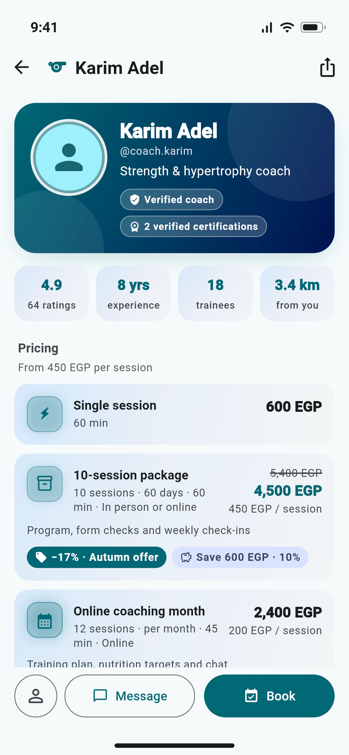 A coach page in Awzany with badges, offers, gallery and certifications