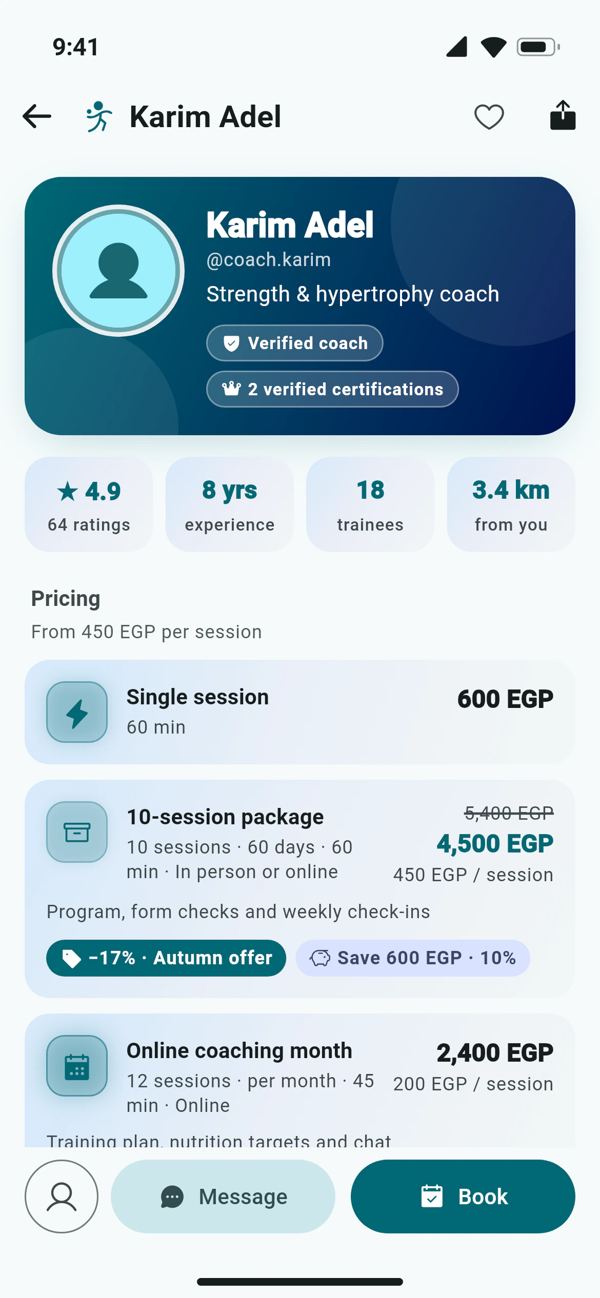 A coach page in Awzany with badges, offers, gallery and certifications