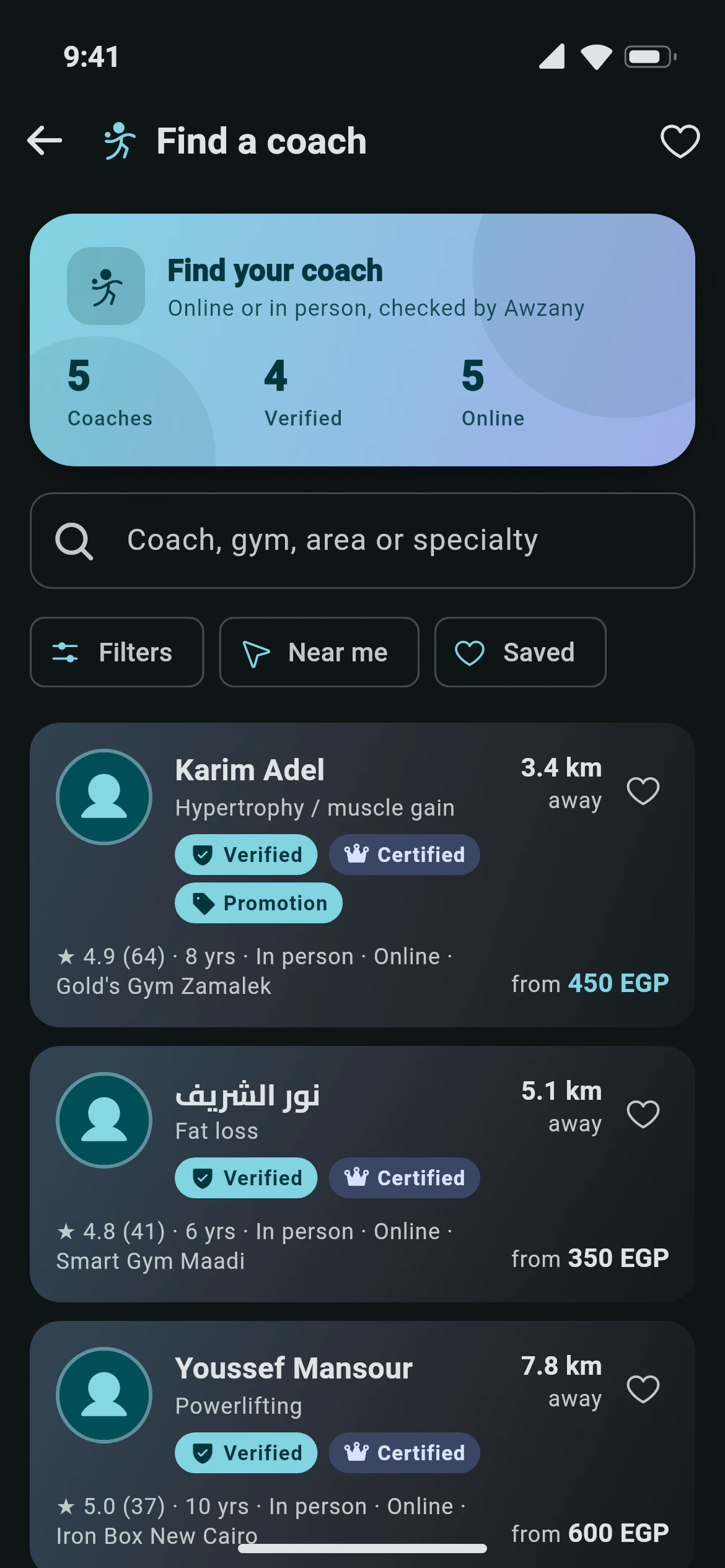 Finding verified coaches by specialty, price and distance in Awzany