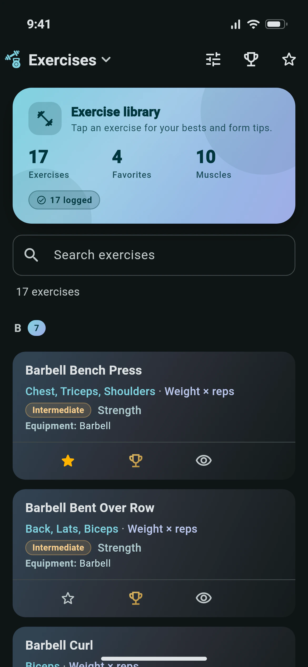 The Awzany exercise library with search, filters and a front and back body map
