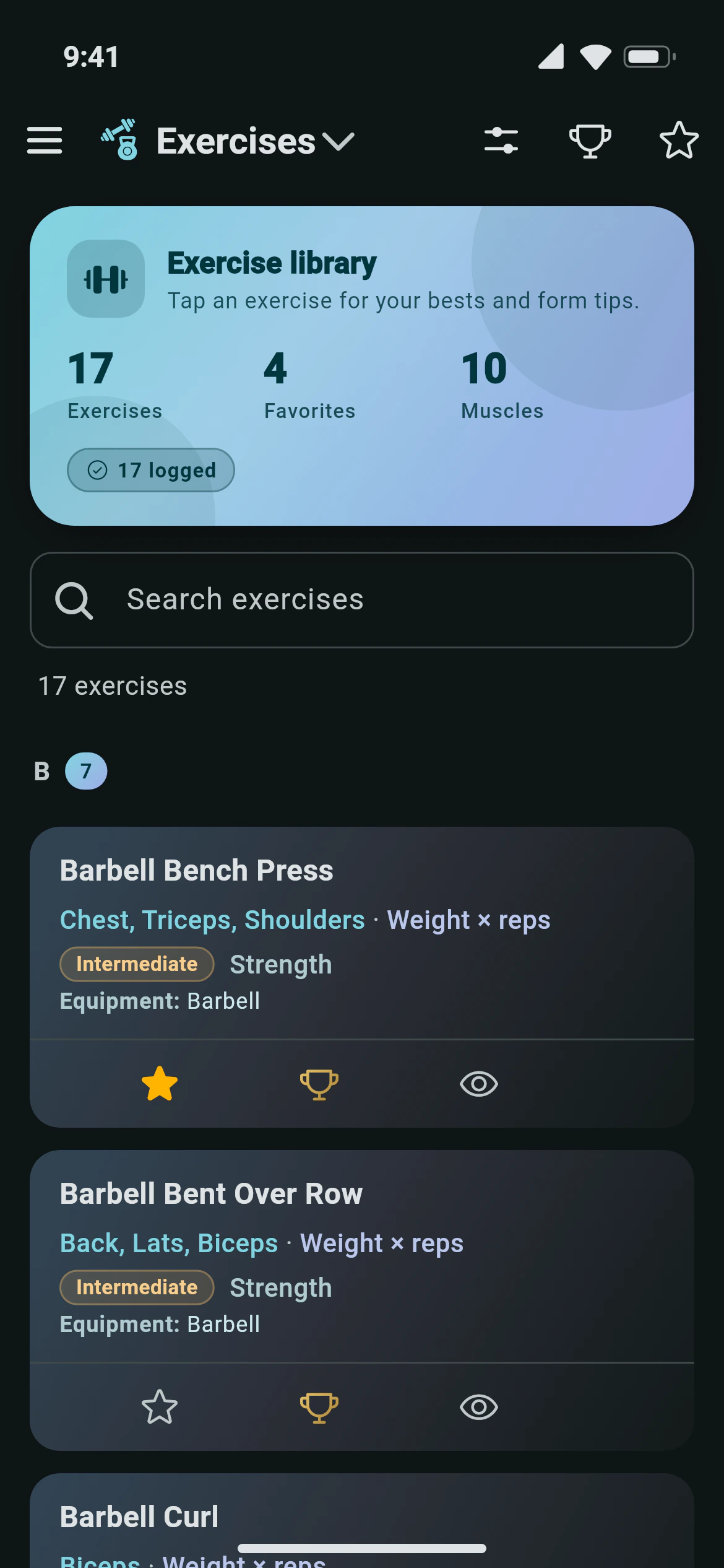The Awzany exercise library with search, filters and a front and back body map