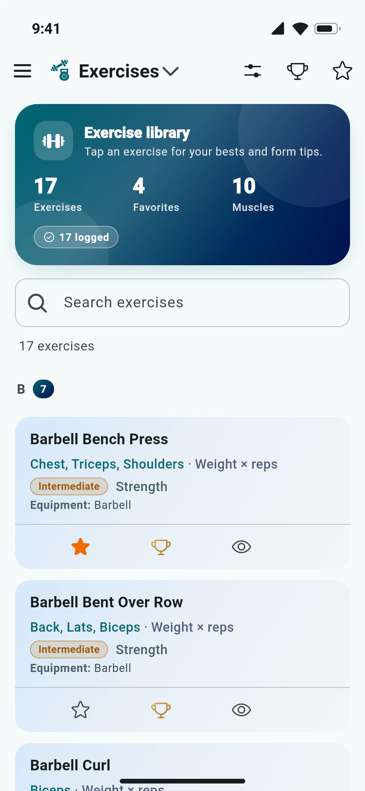 The Awzany exercise library with search, filters and a front and back body map