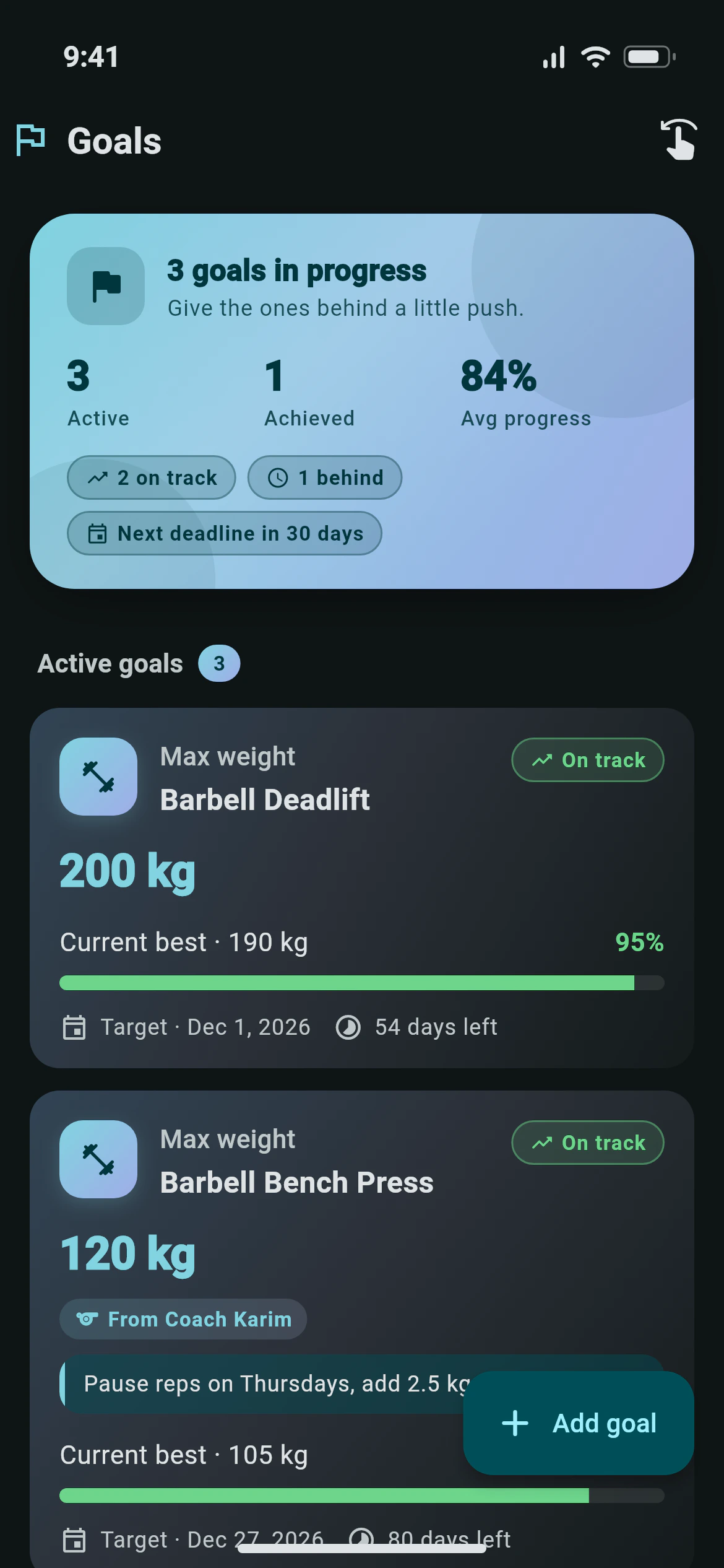 Goals with progress bars and target dates in Awzany