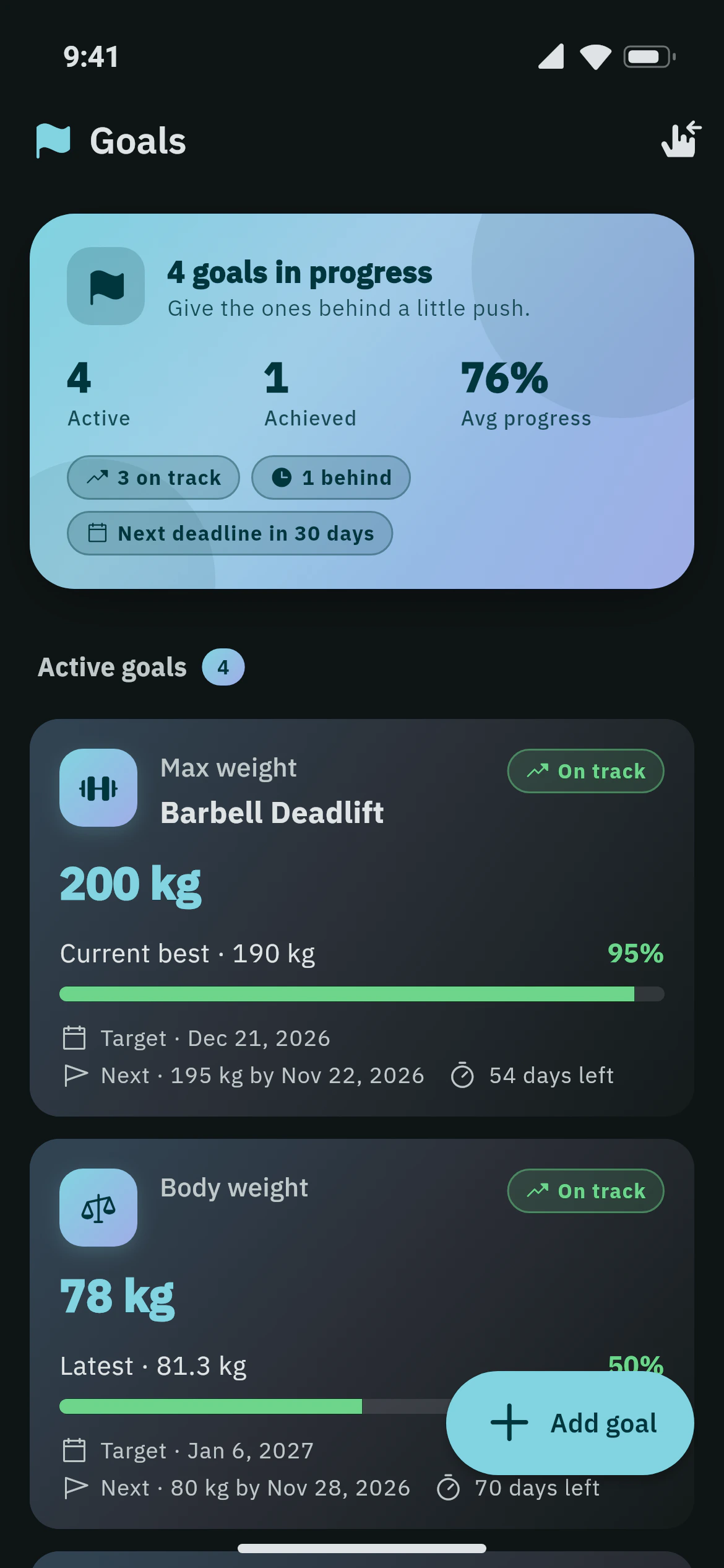 Goals with progress bars and target dates in Awzany