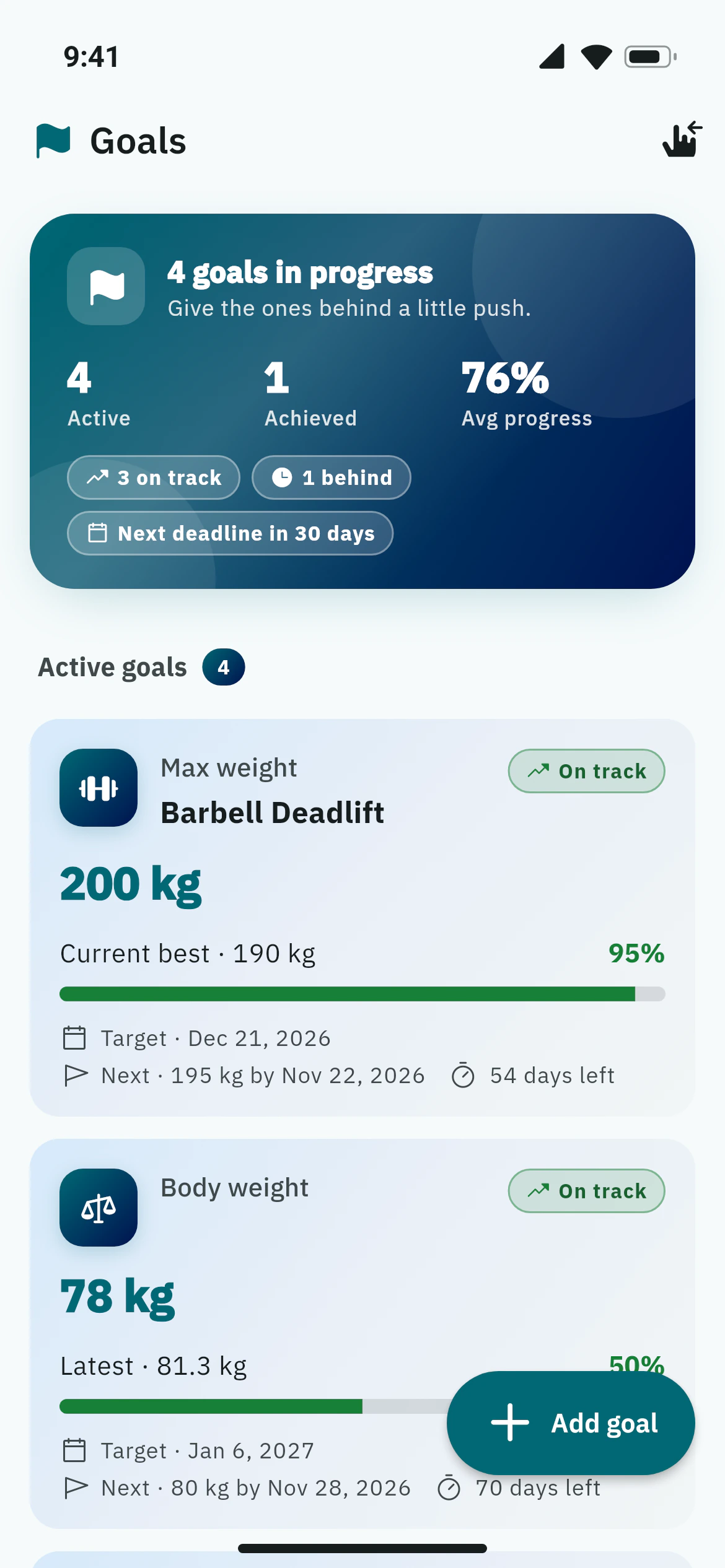 Goals with progress bars and target dates in Awzany