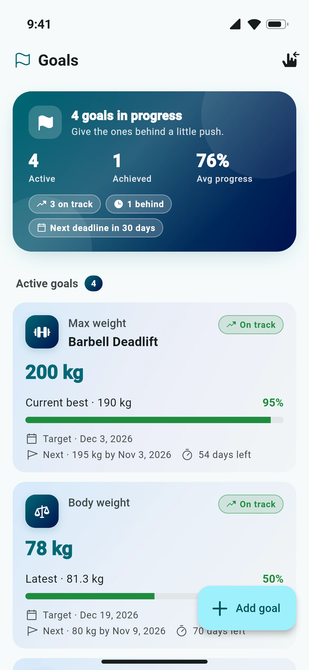 Goals with progress bars and target dates in Awzany